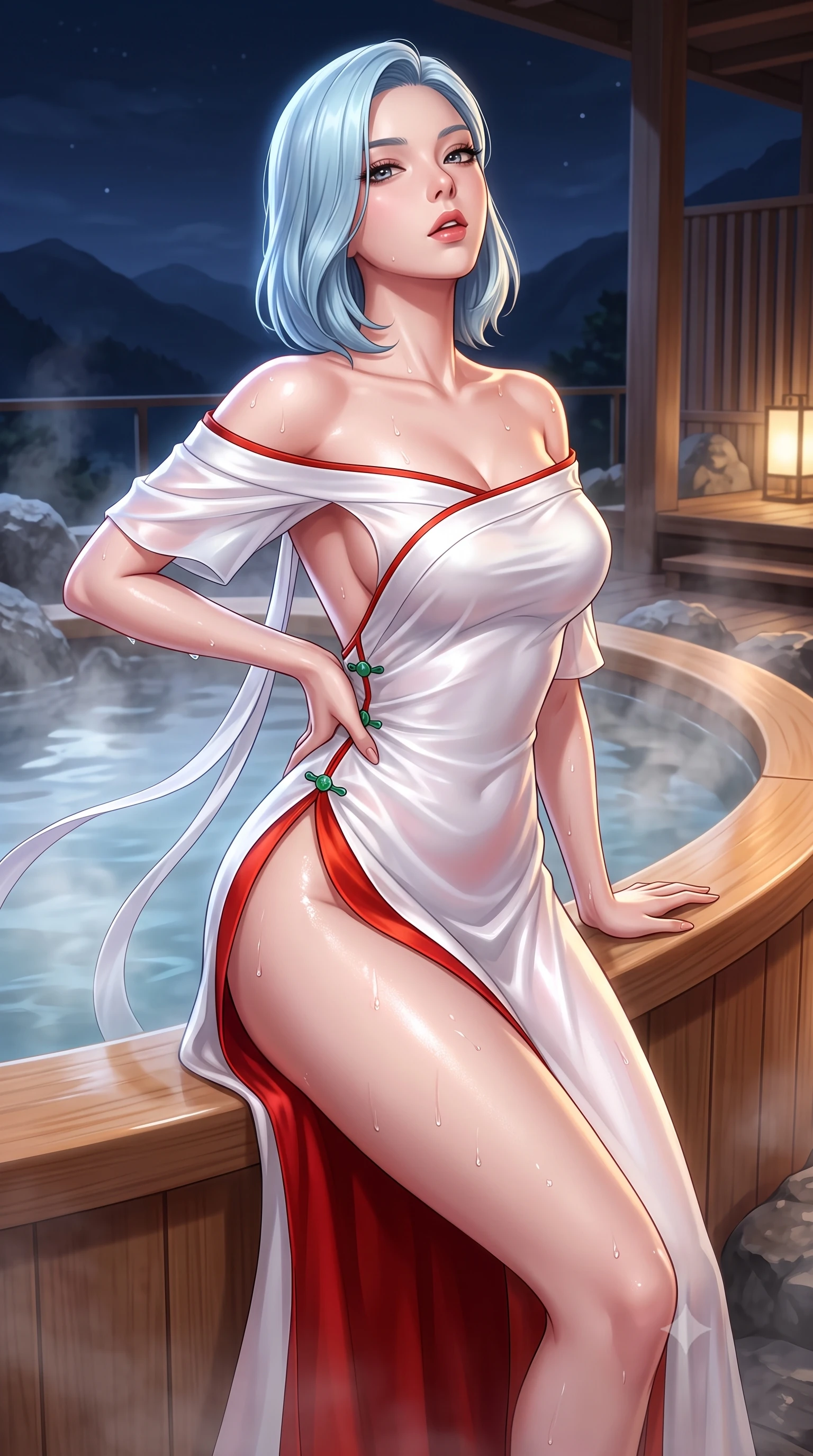 score_9, masterpiece, best quality, ultra-detailed, high-budget anime keyframe, semi-realistic 3D game render, editorial fashion photography, tasteful artistic composition, Korean woman. close-up cowboy shot from the waist and thighs up, the character dominates the composition, filling the frame with her large presence. tilting her chin up with proud, sovereign allure while gazing through thick eyelashes, one hand resting on her waist in pure supermodel charisma while perching on the smooth hinoki wood rim of a steaming outdoor onsen, water droplets beading on her hip as she glances back with parted lips. The surrounding environment is rendered in vivid detail and crisp panoramic clarity. atmospheric nocturnal thermal chiaroscuro and private mountain-view skylounge luxury in precision. She has an exceptionally elegant, slender, and willowy female figure with an ultra-slim waist, a gracefully sculpted slender torso, toned flat midriff, and rounded feminine hips creating an alluring hourglass silhouette. sharp v-shaped jawline, high-bridge nose, intricate jewel-like eyes with depth, thick eyelashes, glossy parted lips with a natural sheen, intensely captivating and seductive bedroom-eyes expression, flawlessly proportioned anatomical accuracy, strict slender model proportions, natural body alignment, perfectly sculpted long slender limbs, ultra-slim waistline, clean dynamic posture without body distortion. wearing a backless off-shoulder silk kimono gown with fluttering drapes and an ultra-high side slit in pure snow white and vermilion red, crafted from traditional Korean gossamer silk organza with pearlescent luster, finished with genuine jade button closures and floating celestial silk ribbons, the liquid-tight tailored fabric clinging flawlessly to her narrow waist and rounded feminine hips, emphasizing every millimeter of her sculpted hourglass curves during movement. illuminated by wet specular reflections accentuating her sculpted collarbones, narrow waist, and curvy hips. highly saturated vibrant anime colors, detailed shading with soft gradients, rich glossy textures, high-contrast stereoscopic depth, volumetric dynamic lighting, master piece, 9:16 ratio