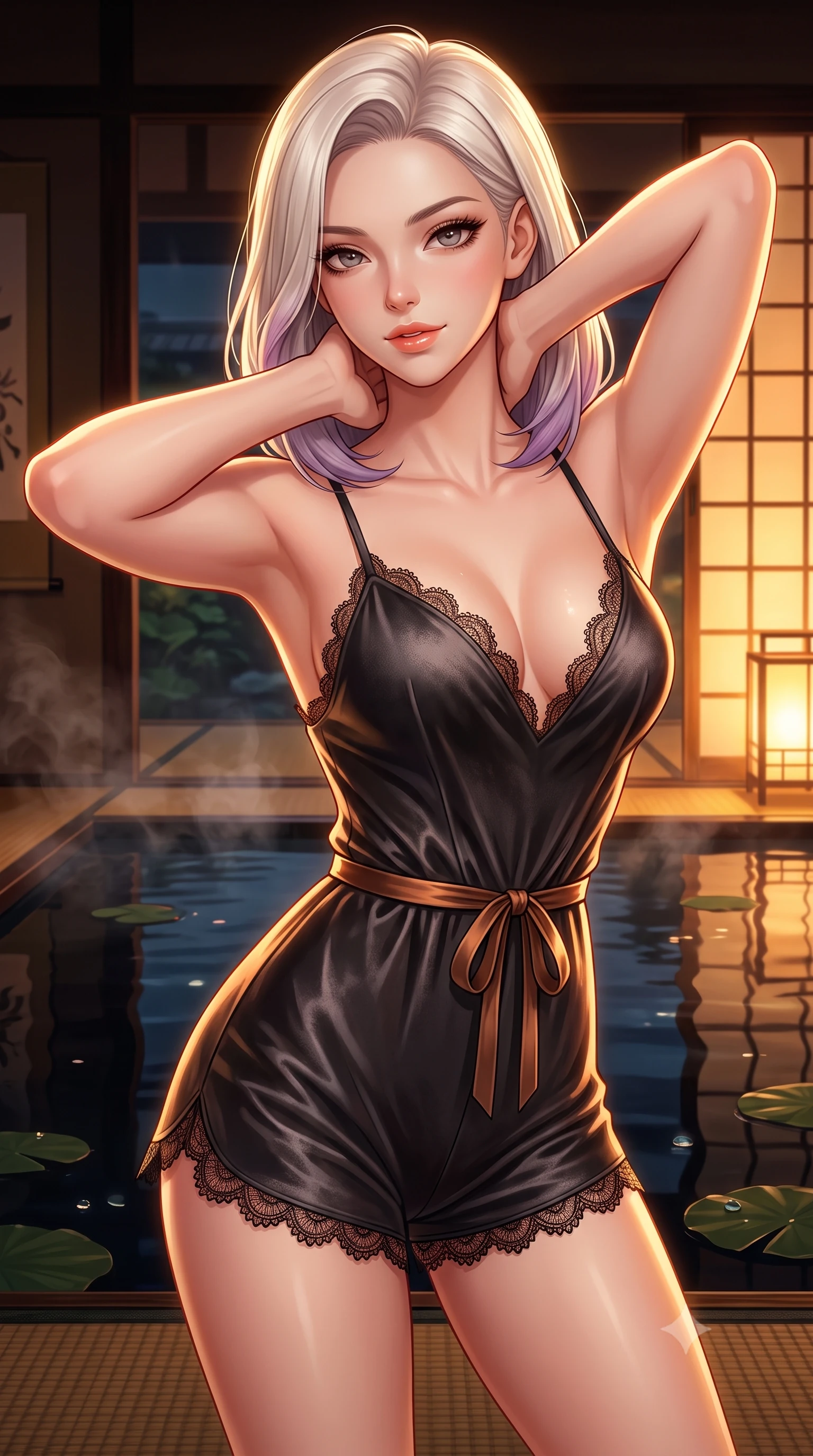 score_9, masterpiece, best quality, ultra-detailed, high-budget anime keyframe, semi-realistic 3D game render, editorial fashion photography, tasteful artistic composition, Caucasian woman. close-up cowboy shot from the waist and thighs up, the character dominates the composition, filling the frame with her large presence. resting both hands lightly behind her neck with elbows raised, arching her spine to highlight her narrow waist, flat midriff, and breathtaking collarbones while twisting her slender torso in an alluring S-curve, delicate rising pond steam and warm shoji paper lantern glows tracing her silhouette. The surrounding environment is rendered in vivid detail and crisp panoramic clarity: sharp piano-black lacquer reflection clarity, lotus petal dew drops, and woven tatami edging in deep focus. She has an exceptionally elegant, slender, and willowy female figure with an ultra-slim waist, flat toned midriff, narrow ribcage, and sculpted feminine hips creating an alluring, slim hourglass silhouette without bulk. sharp v-shaped jawline, high-bridge nose, sparkling eyes with hypnotic seductive depth, thick curled eyelashes, glossy parted lips with a natural dewy peach sheen, alluring bedroom-eyes with an enchanting coquettish smile, exuding magnetic siren charisma and sophisticated glamour, flawlessly proportioned anatomical accuracy, strict slender model proportions, natural body alignment, perfectly sculpted long slender limbs, ultra-slim waistline, clean dynamic posture without body distortion. wearing a plunge-neck stretch velvet romper with scalloped eyelash-lace hems and a cinched waist ribbon in Ayung volcanic charcoal and molten bronze, woven from buttery-soft stretch lambskin leather adhering to her body like a second skin, finished with scalloped eyelash lace trim framing her sweetheart neckline with intimate elegance, the second-skin tailored fabric adhering flawlessly to her sculpted flat midriff and slender torso, emphasizing her long leg lines and perfectly proportioned willowy build. bathed in warm 2600K amber light radiating from sliding shoji screens mixed with dark water specular reflection. highly saturated vibrant anime colors, detailed shading with soft gradients, rich glossy textures, high-contrast stereoscopic depth, volumetric dynamic lighting, master piece, 9:16 ratio