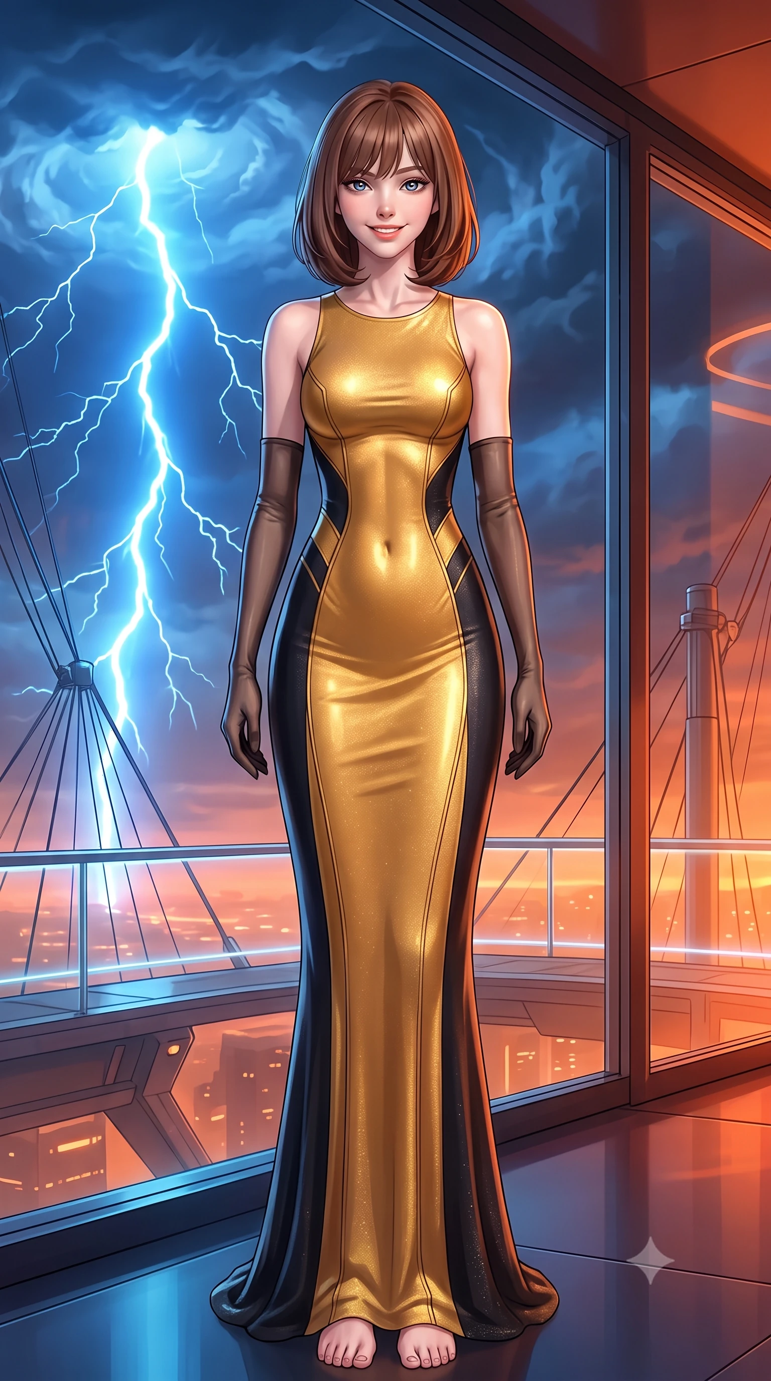 score_9, masterpiece, best quality, ultra-detailed, high-budget anime keyframe, semi-realistic 3D game render, editorial fashion photography, tasteful artistic composition, Caucasian woman. low angle full-body shot from head to toe showing her feet, filling the entire 9:16 vertical frame with her statuesque presence, stretching her vertical silhouette. posing in a classic haute-couture S-curve stance beside the floor-to-ceiling window, looking over a bare shoulder with magnetic presence while leaning against the plasma-shielded balcony with hips cocked back, watching colossal blue atmospheric lightning flashes with heavy-lidded bedroom-eyes. The surrounding environment is rendered in vivid detail and crisp panoramic clarity: sharp aerostat suspension cables, anti-radiation glass facets, and swirling storm vortex cloud details in deep focus. She has an exceptionally tall and slender model-like 8.5-heads proportion, an ultra-slim waist, a flat toned midriff, narrow delicate ribcage, and beautifully sculpted feminine hips creating a graceful, slim hourglass silhouette without any bulky heaviness, with impossibly long slender legs. sharp v-shaped jawline, high-bridge nose, intricate jewel-like sparkling eyes with depth, thick eyelashes, glossy parted lips with a natural peach sheen, bright cheerful beaming smile with an enchanting and coquettish sensual glint, exuding both youthful cute charm and seductive allure, flawlessly proportioned anatomical accuracy, strict slender model proportions, natural body alignment, perfectly sculpted long slender limbs, ultra-slim waistline, clean dynamic posture without body distortion. wearing a sculpted second-skin neoprene column gown with subtle architectural seam lines accentuating her curves in solar-flare gold and interstellar onyx, woven from stretch metallic lurex jersey casting radiant starlight glints across her curves, complemented by sheer opera-length evening gloves tracing her slender arms, the liquid-tight tailored fabric clinging flawlessly to her narrow waist and rounded feminine hips, emphasizing every millimeter of her sculpted slim hourglass curves without any bulky heaviness. bathed in rich amber and vermilion planetary atmospheric glow contrasted with sharp intermittent electric-blue lightning flashes. highly saturated vibrant anime colors, detailed shading with soft gradients, rich glossy textures, high-contrast stereoscopic depth, volumetric dynamic lighting, master piece, 9:16 ratio