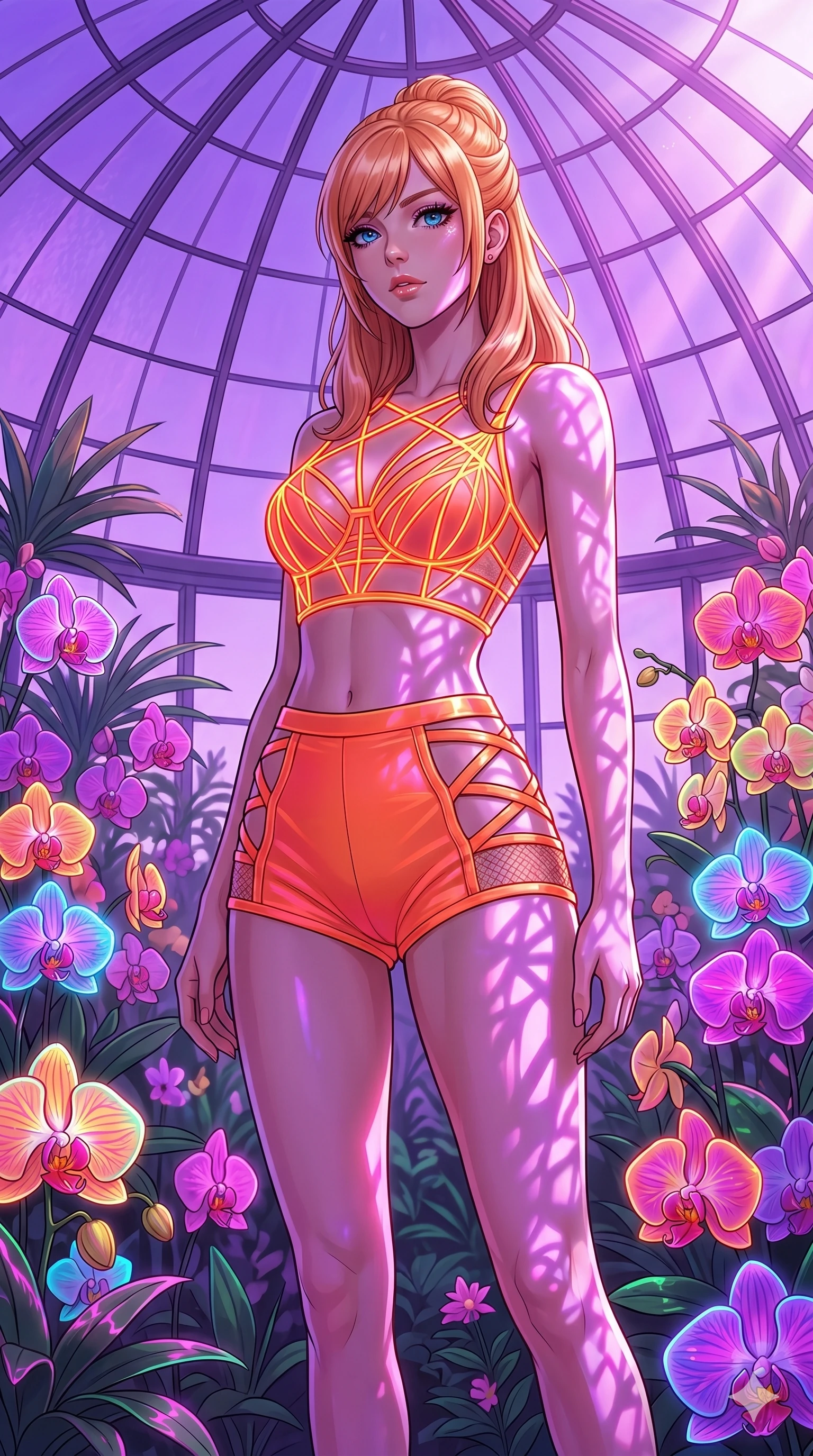 score_9, masterpiece, best quality, ultra-detailed, high-budget anime keyframe, editorial fashion photography, tasteful artistic composition, Caucasian woman, strictly human ears. cowboy shot from the thighs up, character and outfit filling the frame for maximum editorial presence. standing among tropical neon orchids, looking at the viewer with an air of superiority in a futuristic greenhouse under a dome of purple glass (Code-P16-127). She has an absolutely perfect 8-heads proportion, an exceptionally tall and slender female figure with impossibly long slender legs and an ultra-slim waist. V-shaped jawline, high-bridge nose, intricate jewel-like eyes with depth, thick eyelashes, glossy lips with a natural sheen. wearing a neon orange filament crop top and high-waisted shorts with side cutout straps. drenched in brilliant morning sunshine, casting violet-pink patterns on her skin. 2k, ultra detail, master piece, 9:16 ratio