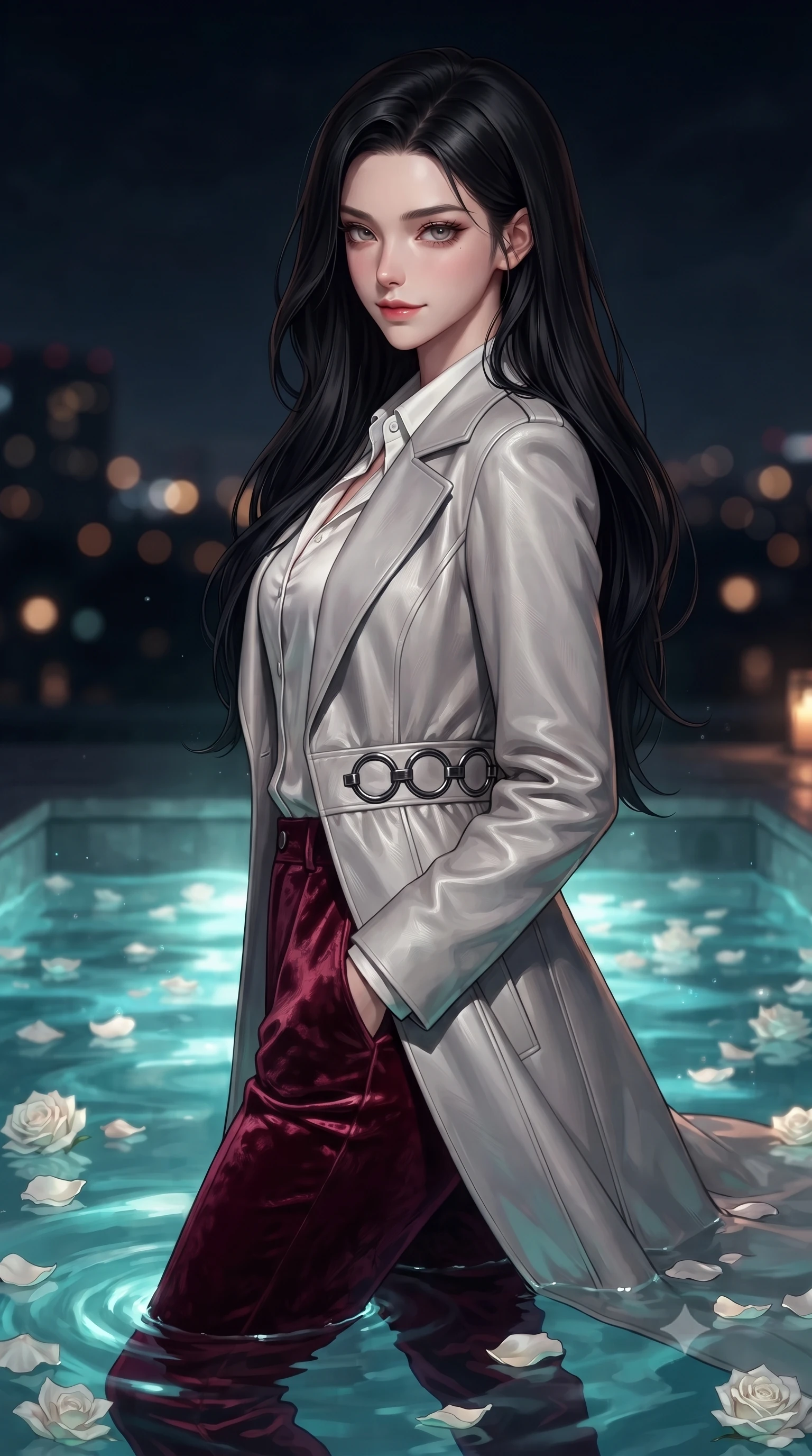 score_9, masterpiece, best quality, ultra-detailed, high-budget anime keyframe, editorial fashion photography, tasteful artistic composition, Korean woman. close-up cowboy shot from the waist and thighs up, the character dominates the composition, filling the frame with her large presence, background elements kept in soft focus. Glancing sidelong over her shoulder with a smoldering, enigmatic half-smile, immersed to the waist in a heated private pool with floating white rose petals, distant city lights forming soft dark amber bokeh circles in the background. She has an exceptionally elegant, slender, and willowy female figure with an ultra-slim waist, a gracefully sculpted slender torso, and a refined silhouette. sharp v-shaped jawline, high-bridge nose, intricate jewel-like eyes with depth, thick eyelashes, glossy lips with a natural sheen. wearing structured platinum leather long coat over white silk blouse and tailored slacks in deep crimson burgundy, made of crushed dark silk velvet, trimmed with dark chrome ring hardware along the waist contours, sculpting her athletic slender build with refined precision. surrounded by a moody nocturnal ambiance with glowing aqua water highlights. highly saturated vibrant anime colors, detailed shading with soft gradients, rich glossy textures, high-contrast stereoscopic depth, volumetric dynamic lighting, master piece, 9:16 ratio