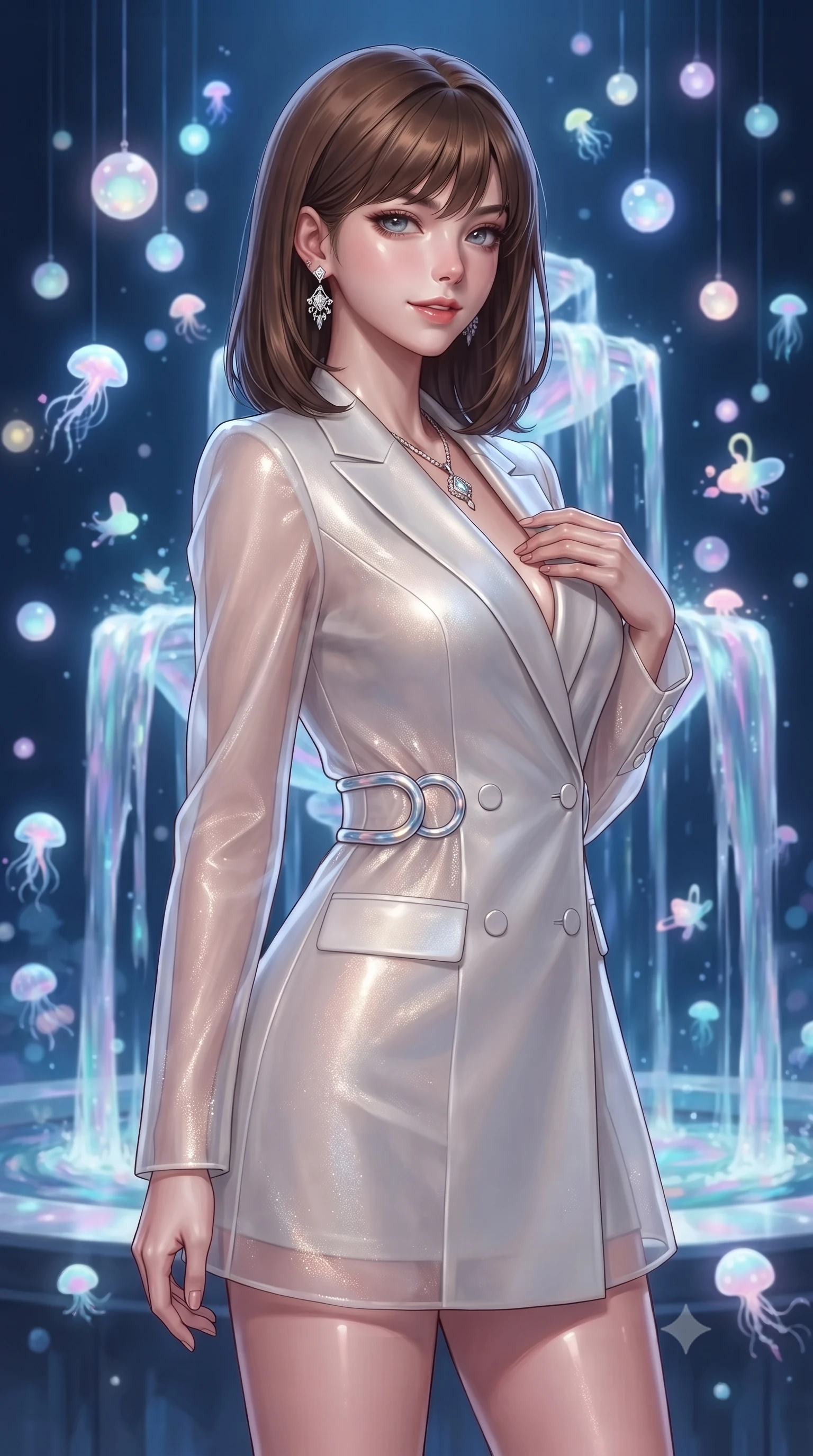 score_9, masterpiece, best quality, ultra-detailed, high-budget anime keyframe, editorial fashion photography, tasteful artistic composition, Korean woman. close-up cowboy shot from the waist and thighs up, the character dominates the composition, filling the frame with her large presence, background elements kept in soft focus. Glancing sidelong over her shoulder with a smoldering half-smile, resting near a hydro-flow crystal fountain surrounded by suspended opal bioluminescent orbs, dramatic contrast of luminous pastel creatures against a serene deep blue background. She has an exceptionally elegant, slender, and willowy female figure with an ultra-slim waist, a gracefully sculpted slender torso, and a refined silhouette. sharp v-shaped jawline, high-bridge nose, intricate jewel-like eyes with depth, thick eyelashes, glossy lips with a natural sheen. wearing tailored double-breasted opal white blazer dress in radiant platinum, made of sheer opal chiffon overlay, accented with sculpted opal chrome rings at the waist, following her slender form with tailored precision. illuminated by soft opal bioluminescence and radiant pastel inner glow. ultra-reflective glossy finish, specular highlights, metallic sheen, high-contrast stereoscopic depth, volumetric dynamic lighting, 2k, ultra detail, master piece, 9:16 ratio