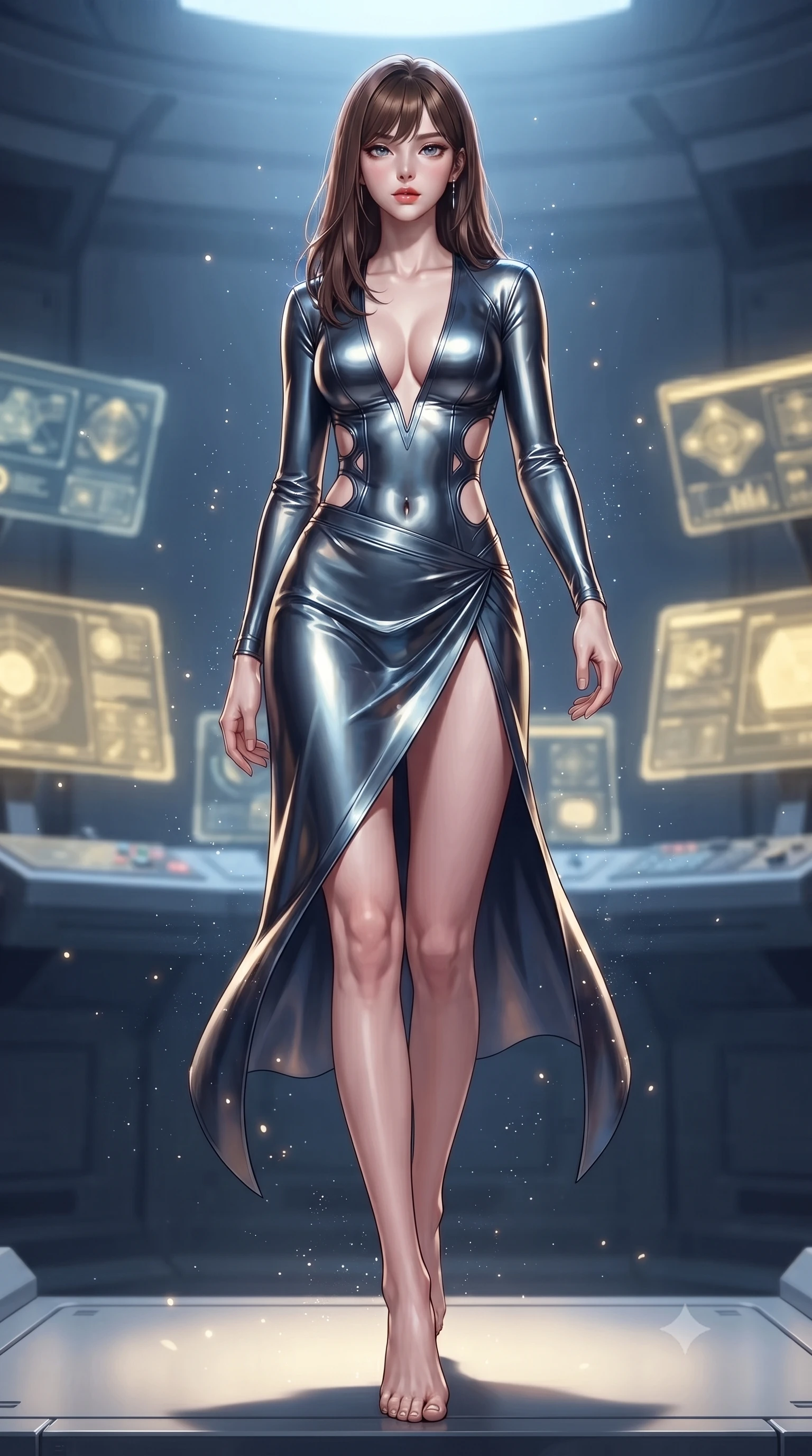 score_9, masterpiece, best quality, ultra-detailed, high-budget anime keyframe, editorial fashion photography, tasteful artistic composition, Korean woman. low angle full-body shot from head to toe showing her feet, filling the entire 9:16 vertical frame with her statuesque presence, stretching her vertical silhouette. stepping gracefully through floating stardust particles, her body-contouring suit showing her athletic, slender silhouette, the background shows a soft-focus a studio console room with holographic terminal displays in soft focus. She has an absolutely perfect, statuesque 8.5-heads proportion, an exceptionally tall and slender model-like female figure with impossibly long slender legs and an ultra-slim waist. sharp v-shaped jawline, high-bridge nose, intricate jewel-like eyes with depth, thick eyelashes, glossy lips with a natural sheen. wearing a body-hugging deep plunging-V neck bodycon armor top, featuring keyhole cutouts along the ribs and a thigh-slit wrap skirt. soft yellow terminal glare contrasting with the cool blue simulation space. ultra-reflective glossy finish, specular highlights, metallic sheen, high-contrast stereoscopic depth, volumetric dynamic lighting, 2k, ultra detail, master piece, 9:16 ratio
