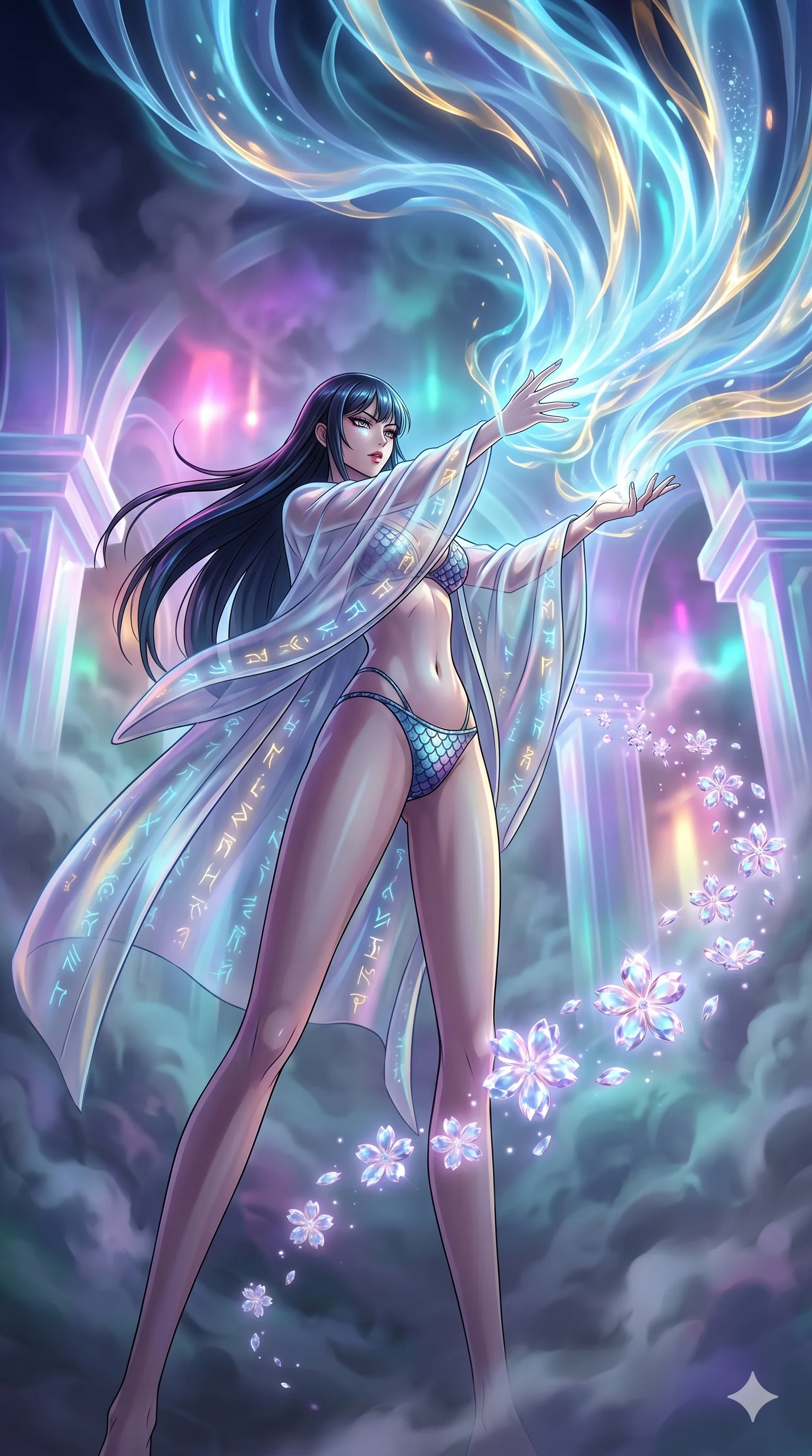 score_9, masterpiece, best quality, ultra-detailed, Set A: High-budget Anime Keyframe, Japanese woman. Low angle cowboy shot filling the entire 9:16 frame with her statuesque presence. Theme: Ethereal Dream. unleashing a massive energy wave in a temple made of solid light, while she leaves a trail of 96 blooming crystal flowers. The atmosphere is filled with heavy smog with neon flares. She has an absolutely perfect 8-heads proportion, an exceptionally tall and slender female figure with impossibly long slender legs and an ultra-slim waist. Sharp v-shaped jawline, high-bridge nose, intricate jewel-like eyes with depth, glossy lips. Wearing Iridescent dragon-scale bikini under a translucent silk kimono with glowing runes. Cinematic lighting, vivid colors, dramatic shadows, 2k, ultra detail, master piece, 9:16 ratio