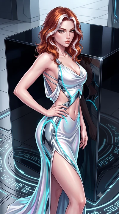 score_9, masterpiece, best quality, ultra-detailed, high-budget anime keyframe, editorial fashion photography, tasteful artistic composition, Caucasian woman. close-up cowboy shot from the waist and thighs up, the character dominates the composition,