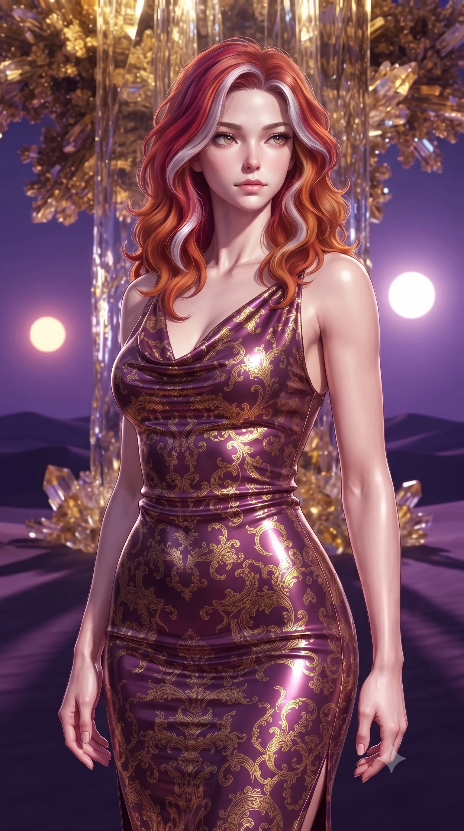 score_9, masterpiece, best quality, ultra-detailed, high-budget anime keyframe, editorial fashion photography, tasteful artistic composition, Caucasian woman. close-up cowboy shot from the waist and thighs up, the character dominates the composition, filling the frame with her large presence, background elements kept in soft focus. Gazing past the camera with an air of effortless elegance and mysterious confidence poised before a giant golden fractal waterfall frozen into glass crystals, twin suns casting dramatic dual shadows across the violet desert landscape. She has an exceptionally elegant, slender, and willowy female figure with an ultra-slim waist, a gracefully sculpted slender torso, and a refined silhouette. sharp v-shaped jawline, high-bridge nose, intricate jewel-like eyes with depth, thick eyelashes, glossy lips with a natural sheen. wearing an elegant cowl-neck satin midi dress with a draped neckline in plum purple and gold filigree, tailored from high-gloss patent leather, accented with a Tasteful chest slit framing her clavicle gracefully, the tailored fabric tightly following every curve of her athletic build. surrounded by an alien, majestic desert radiance. ultra-reflective glossy finish, specular highlights, metallic sheen, high-contrast stereoscopic depth, volumetric dynamic lighting, 2k, ultra detail, master piece, 9:16 ratio