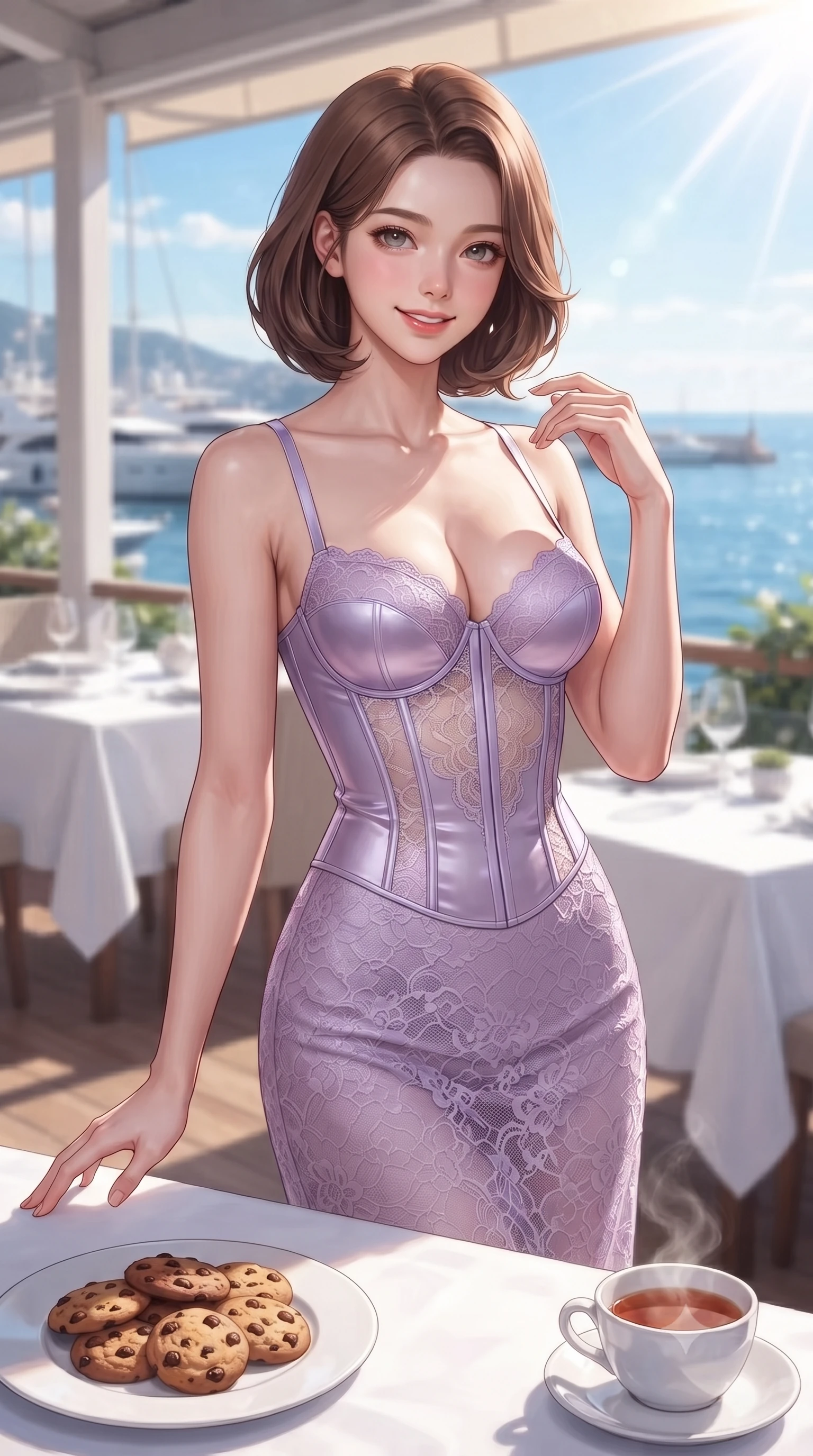 score_9, masterpiece, best quality, ultra-detailed, high-budget anime keyframe, editorial fashion photography, tasteful artistic composition, Korean woman. close-up cowboy shot from the waist and thighs up, the character dominates the composition, filling the frame with her large presence, background elements kept in soft focus. gazing at the camera with a warm, lovely smile and cute, friendly eye contact set against a soft-focus background of at a seaside restaurant veranda with white tables and views of the harbor with a cute ceramic plate of chocolate cookies and a cup of tea on the table. She has an exceptionally elegant, slender, and willowy female figure with an ultra-slim waist, a gracefully sculpted slender torso, and a refined silhouette. sharp v-shaped jawline, high-bridge nose, intricate jewel-like eyes with depth, thick eyelashes, glossy lips with a natural sheen. wearing slim-fit tailored bustier corset in soft lavender silk with a semi-opaque lace long skirt. crisp morning sun rays creating a fresh and energetic breakfast atmosphere. ultra-reflective glossy finish, specular highlights, metallic sheen, high-contrast stereoscopic depth, volumetric dynamic lighting, 2k, ultra detail, master piece, 9:16 ratio