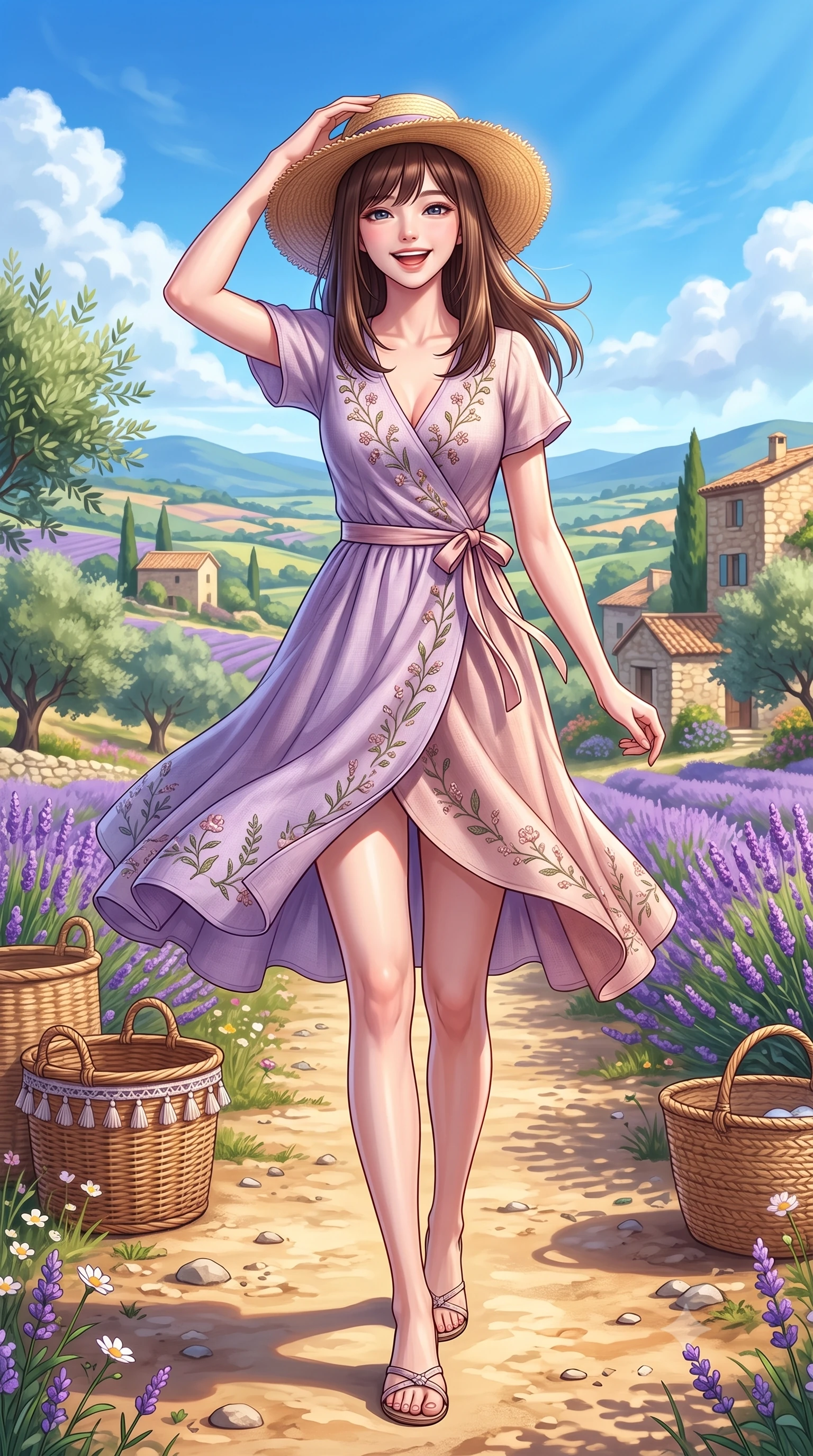 score_9, masterpiece, best quality, ultra-detailed, high-budget anime keyframe, semi-realistic 3D game render, editorial fashion photography, tasteful artistic composition, Korean woman. low angle full-body shot from head to toe showing her feet, filling the entire 9:16 vertical frame with her statuesque presence, stretching her vertical silhouette. stepping forward gracefully in mid-motion with a delighted cute laugh, displaying her tall slender model proportions while adjusting her wide-brimmed straw hat against the gentle summer breeze with a cute, youthful grin. The surrounding environment is rendered in vivid detail and crisp panoramic clarity. textured wicker basket weaves, sun-warmed earth pathways, and picturesque Provençal landscapes in panoramic clarity. She has an absolutely perfect, statuesque 8.5-heads proportion, an exceptionally tall and slender model-like female figure with impossibly long slender legs, a toned flat midriff, and an ultra-slim waist. sharp v-shaped jawline, high-bridge nose, intricate jewel-like eyes with depth, thick eyelashes, glossy lips with a natural sheen, pure and lovely fresh girlhood expression, flawlessly proportioned anatomical accuracy, strict slender model proportions, natural body alignment, perfectly sculpted long slender limbs, ultra-slim waistline, clean dynamic posture without body distortion. wearing a romantic wrap-style linen sundress with subtle botanical embroidery and a dainty waist tie in subtle lilac violet and soft rose gold, crafted from soft breathable linen that flutters gently in the breeze, accented with a dainty ribbon bow at the waistline, the tailored casual silhouette highlighting her fresh and youthful presence and perfectly proportioned slender frame. surrounded by a romantic, sweet, and wonderfully heartwarming cottagecore girlhood aura. highly saturated vibrant anime colors, detailed shading with soft gradients, rich glossy textures, high-contrast stereoscopic depth, volumetric dynamic lighting, master piece, 9:16 ratio