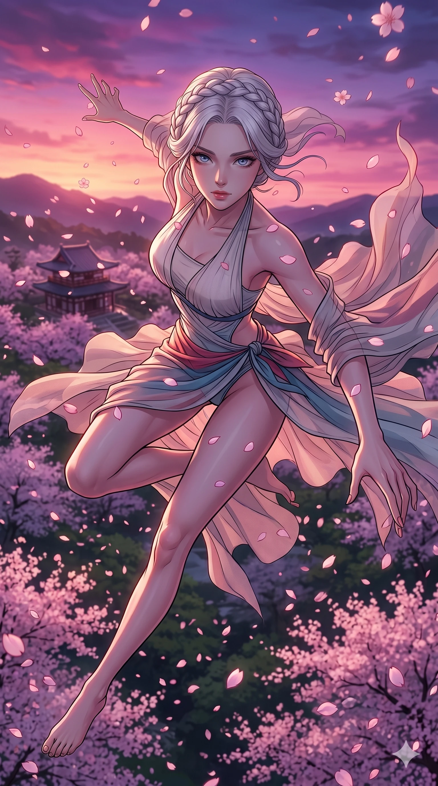 score_9, masterpiece, best quality, ultra-detailed, high-budget anime movie keyframe, cinematic anime lighting, intricate line art, Korean anime girl. Extreme high angle shot as she leaps towards the camera, filling the frame. twisting in mid-air while catching falling cherry blossoms at dawn. She has an absolutely perfect 8-heads proportion, an exceptionally tall and slender female figure with an ultra-slim waist and impossibly long slender legs. strictly human anatomy, two legs only, no extra limbs, clearly defined legs and arms, perfect anatomy, perfect hands and fingers. sharp v-shaped jawline, high-bridge nose, intricate jewel-like eyes, thick eyelashes, glossy lips. Wearing Seasonal/Resort: High-cut one-piece with sarong, linen sundress with tie-back, and sheer fabric wrap. The scene is illuminated by dramatic atmospheric lighting and vibrant color palettes. , 2k, ultra detail, master piece, 9:16 ratio