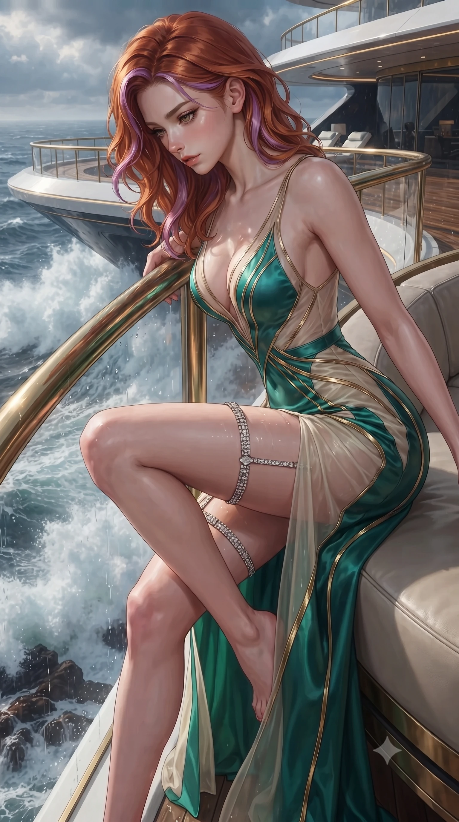 score_9, masterpiece, best quality, ultra-detailed, high-budget anime keyframe, editorial fashion photography, tasteful artistic composition, Caucasian woman. close-up cowboy shot from the waist and thighs up, the character dominates the composition, filling the frame with her large presence. perched sideways on the lounge seat, one knee drawn up to showcase her slender leg line while her arched back accentuates her feminine hip curve while leaning against the curved brass lens rail with hips cocked back, looking down at colossal white foam breakers crashing on dark reefs with smoldering bedroom-eyes. The surrounding environment is rendered in vivid detail and crisp panoramic clarity: detailed outfit silhouette, wet cling or bodycon lines, and monumental maritime engineering in high resolution. She has an exceptionally elegant, slender, and willowy female figure with an ultra-slim waist, flat toned midriff, narrow ribcage, and sculpted feminine hips creating an alluring, slim hourglass silhouette without bulk. sharp v-shaped jawline, high-bridge nose, intricate jewel-like sparkling eyes with depth, thick eyelashes, glossy parted lips with a natural peach sheen, bright cheerful beaming smile with an enchanting and coquettish sensual glint, exuding both youthful cute charm and seductive allure, flawlessly proportioned anatomical accuracy, strict slender model proportions, natural body alignment, perfectly sculpted long slender limbs, ultra-slim waistline, clean dynamic posture without body distortion. wearing a plunge-front sheer illusion tulle slip dress with liquid gold ribbon stripes hugging her curves in Mayan cenote emerald jade and subterranean limestone cream, crafted from fluid liquid silk satin that clings smoothly to her narrow waist and rounded hips with a dewy sheen, finished with delicate crystal-encrusted thigh garter straps glinting in the dim light, the precision-cut side openings and low-back scoop framing her graceful spine and the sensual sweep of her slim, toned hips. illuminated by curved glass reflection bounce and sharp platinum-gold rim lights defining her dewy collarbones, ultra-slim waist, and curvy hips. ultra-reflective glossy finish, specular highlights, rich textural contrasts, high-contrast stereoscopic depth, volumetric dynamic lighting, 2k, ultra detail, master piece, 9:16 ratio
