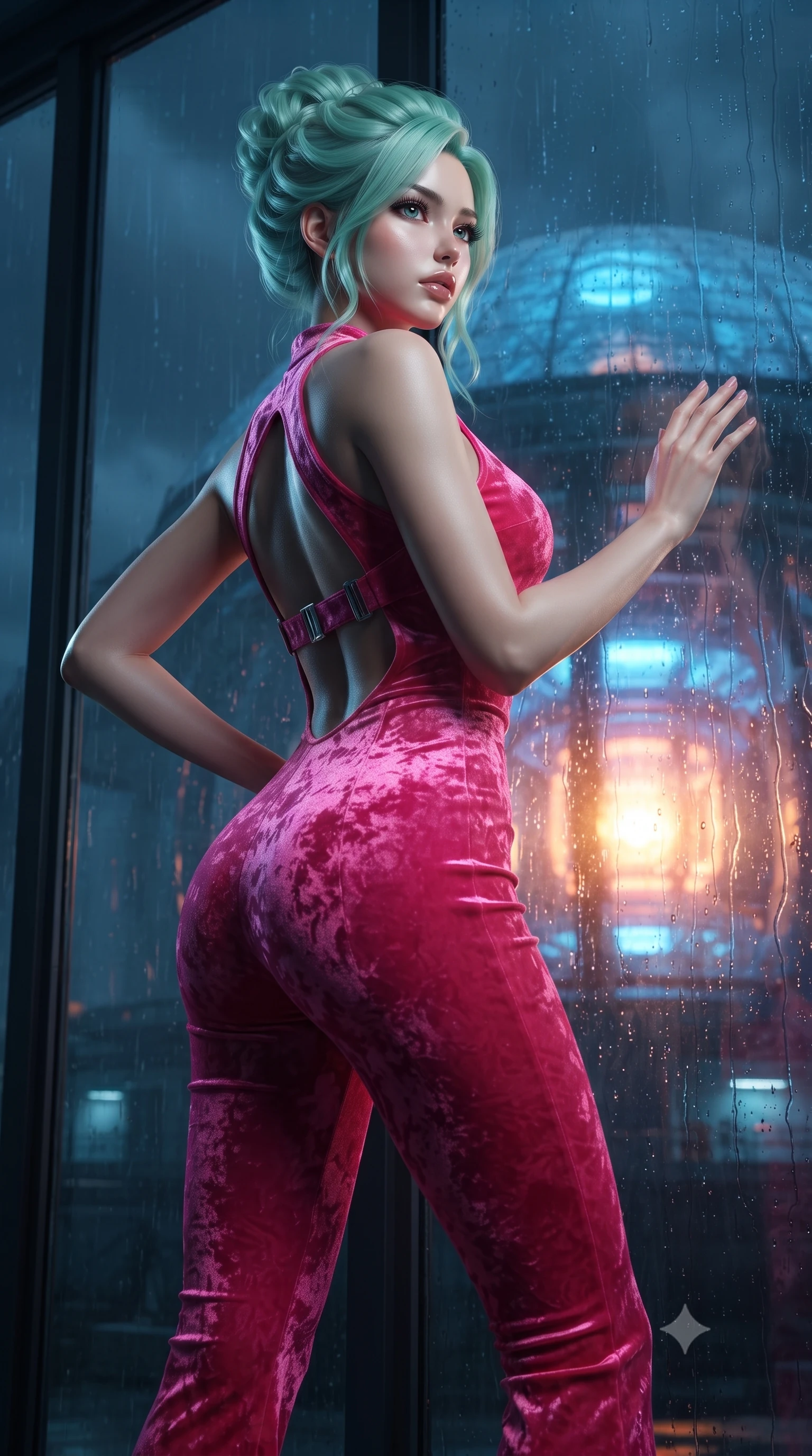 score_9, masterpiece, best quality, ultra-detailed, High-budget Anime Keyframe, editorial fashion photography, tasteful artistic composition, realistic cosplay photography, East Asian woman. Low angle cowboy shot filling the entire 9:16 frame with her statuesque presence. Scenario 454: looking out at the rain through a wet glass window near a secret bio-dome containing a giant glowing fusion reactor. Her presence is magnetic and overpowering in this high-budget cinematic scene. Outfit 454: a body-hugging hot pink crushed velvet jumpsuit with a dramatic backless design and metallic buckles. The clothing is designed to emphasize her exceptionally tall and slender 8-heads proportion. 8-heads proportion, towering silhouette, ultra-slim waist. sharp v-shaped jawline, intricate jewel-like eyes with depth, thick eyelashes, glossy lips. ultra-reflective glossy finish, specular highlights, metallic sheen, high-contrast stereoscopic depth, volumetric dynamic lighting, 2k, ultra detail, master piece, 9:16 ratio