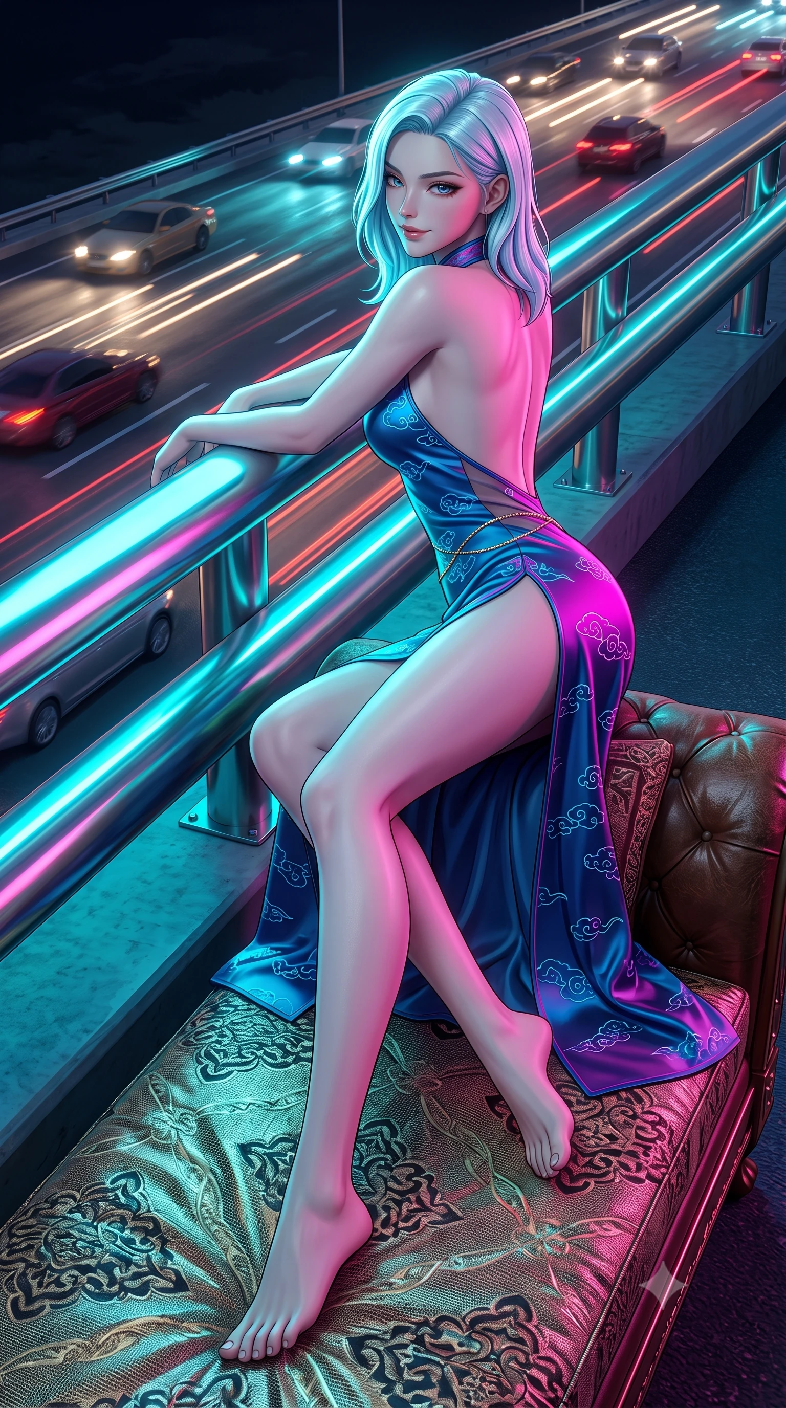 score_9, masterpiece, best quality, ultra-detailed, high-budget anime keyframe, semi-realistic 3D game render, editorial fashion photography, tasteful artistic composition, Korean woman. low angle full-body shot from head to toe showing her feet, filling the entire 9:16 vertical frame with her statuesque presence, stretching her vertical silhouette. lounging on the lavish daybed with legs crossed and hips angled toward the camera, displaying her toned midriff and long slender limbs with effortless siren poise while leaning against the illuminated highway safety rail with hips cocked back, looking over a bare shoulder toward roaring traffic trails below. The surrounding environment is rendered in vivid detail and crisp panoramic clarity: detailed leatherette/lamé fabric weave, metallic hoop earring shine, and late-80s highway infrastructure in razor-sharp precision. She has an absolutely perfect, statuesque 8.5-heads proportion, an exceptionally tall and slender model-like female figure with impossibly long slender legs, an ultra-slim waist, a flat toned midriff, narrow delicate ribcage, and beautifully sculpted feminine hips creating a graceful, slim hourglass silhouette without any bulky heaviness. sharp v-shaped jawline, high-bridge nose, sparkling eyes with hypnotic seductive depth, thick curled eyelashes, glossy parted lips with a natural dewy peach sheen, alluring bedroom-eyes with an enchanting coquettish smile, exuding magnetic siren charisma and sophisticated glamour, flawlessly proportioned anatomical accuracy, strict slender model proportions, natural body alignment, perfectly sculpted long slender limbs, ultra-slim waistline, clean dynamic posture without body distortion. wearing a backless embroidered silk satin slip dress with traditional cloud motifs contouring her narrow waist and curvy hips in dual-tone high-contrast neon monochrome, made of semi-opaque stretch illusion mesh with soft shadowy contours, finished with a dainty gold belly chain resting across her flat midriff and curving hips, the precision-cut side openings and low-back scoop framing her graceful spine and the sensual sweep of her slim, toned hips. illuminated by passing car headlight streaks and sharp electric-cyan rim lights defining her razor-sharp jawline, narrow waist, and curvy hips. highly saturated vibrant anime colors, detailed shading with soft gradients, rich glossy textures, high-contrast stereoscopic depth, volumetric dynamic lighting, master piece, 9:16 ratio