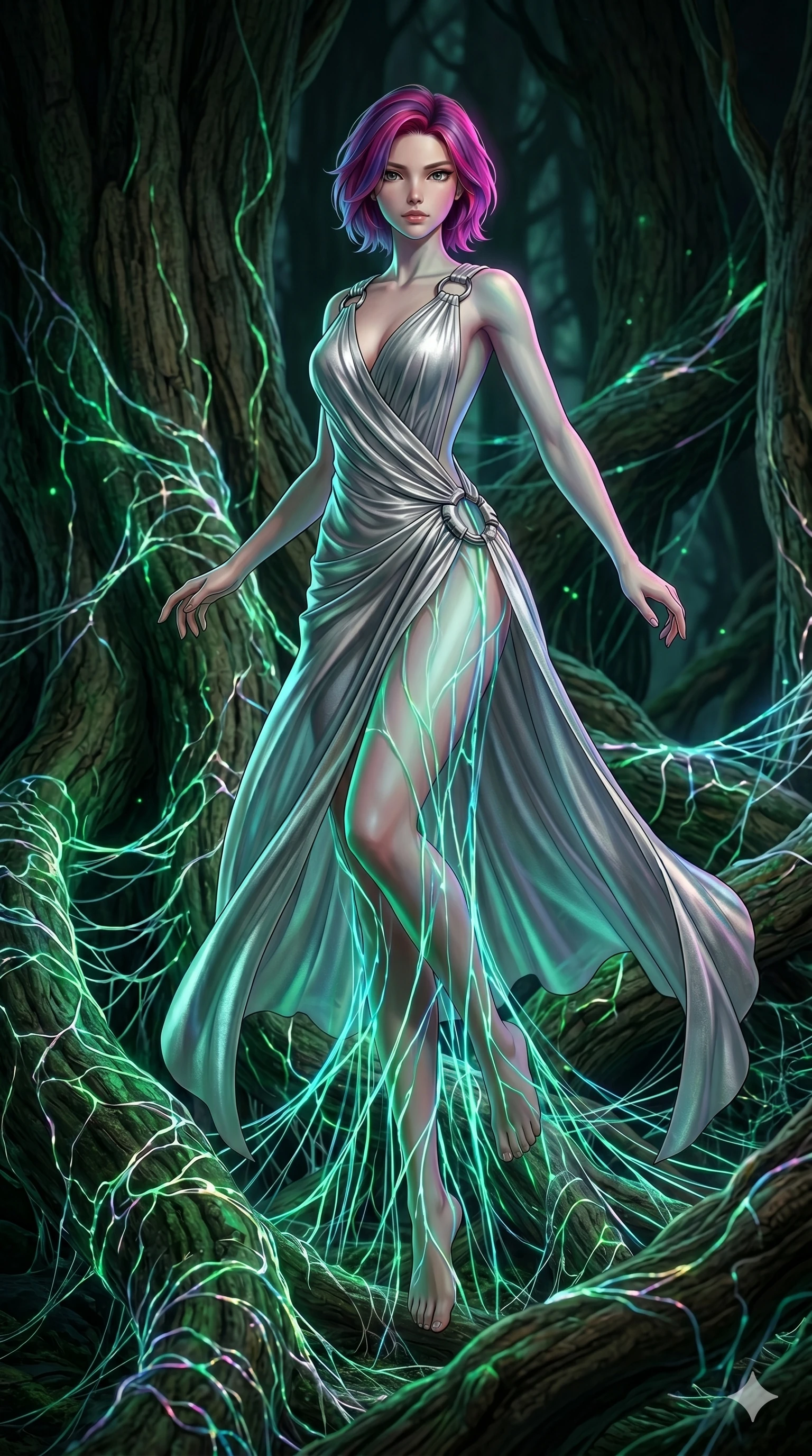 score_9, masterpiece, best quality, ultra-detailed, high-budget anime keyframe, Caucasian woman, strictly human ears. low angle full-body shot filling the entire 9:16 frame with her statuesque presence, stretching the vertical silhouette. jumping amidst giant ancient tree roots wrapped in trillions of glowing mycelium threads pulsing with emerald and opal light. She has an absolutely perfect 8-heads proportion, an exceptionally tall and slender female figure with impossibly long slender legs and an ultra-slim waist. V-shaped jawline, high-bridge nose, intricate jewel-like eyes with depth, thick eyelashes, glossy lips with a natural sheen.. wearing a draped Grecian cyber-gown, featuring draped silver metallic chiffon held by metal ring hardware, displaying a high-leg line. accented by dynamic color-blocked lighting with high-contrast shadows emphasizing her statuesque height. 2k, ultra detail, master piece, 9:16 ratio