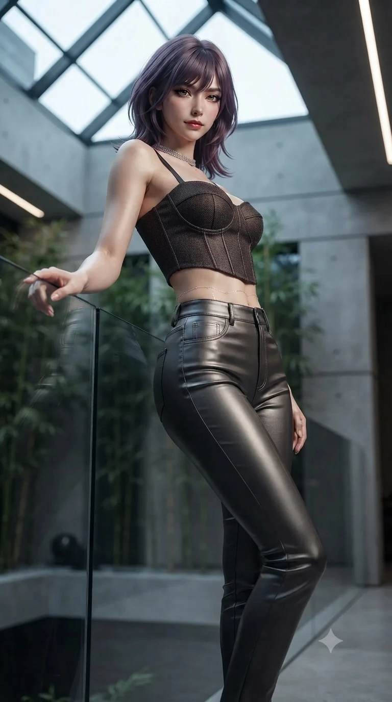 score_9, masterpiece, best quality, ultra-detailed, high-budget anime keyframe, editorial fashion photography, tasteful artistic composition, Japanese woman. low angle full-body shot from head to toe showing her feet, filling the entire 9:16 vertical frame with her statuesque presence, stretching her vertical silhouette. leaning back against the sleek glass parapet with hips cocked back, casting an intoxicating, sultry bedroom-gaze over a bare shoulder toward the lens while twisting her slender torso in an alluring S-curve beside the indoor bamboo rain fountain, water ripples tracing her flat midriff and hips. The background shows a soft-focus soaring geometric glass skylights, vertical bamboo rain gardens, and minimalist architectural concrete walls blurred into slate, jade, and charcoal bokeh. She has an exceptionally tall and slender model-like 8.5-heads proportion, an ultra-slim waist, a flat toned midriff, narrow delicate ribcage, and beautifully sculpted feminine hips creating a graceful, slim hourglass silhouette without any bulky heaviness, with impossibly long slender legs. sharp v-shaped jawline, high-bridge nose, intricate jewel-like dark sparkling eyes with dangerous depth, thick curled eyelashes, glossy parted lips with a rich wine sheen, smoldering seductive half-smile with bedroom-eyes, exuding effortless superiority and intoxicating dark allure, flawlessly proportioned anatomical accuracy, strict slender model proportions, natural body alignment, perfectly sculpted long slender limbs, ultra-slim waistline, clean dynamic posture without body distortion. wearing a cropped structured bodice top paired with ultra-fitted high-waisted leather trousers tracing her hips in liquid mercury chrome and smoky quartz, woven from bespoke high-density barathea wool with refined ceremonial hold, finished with a delicate diamond choker catching the chandelier light, the form-contouring cut accentuating her sculpted flat midriff, narrow delicate ribcage, and gracefully curvy hips with intoxicating allure. bathed in subtle, high-contrast recessed linear LED lighting and skylight nocturnal glow. ultra-reflective glossy finish, specular highlights, rich textural contrasts, high-contrast stereoscopic depth, volumetric dynamic lighting, 2k, ultra detail, master piece, 9:16 ratio