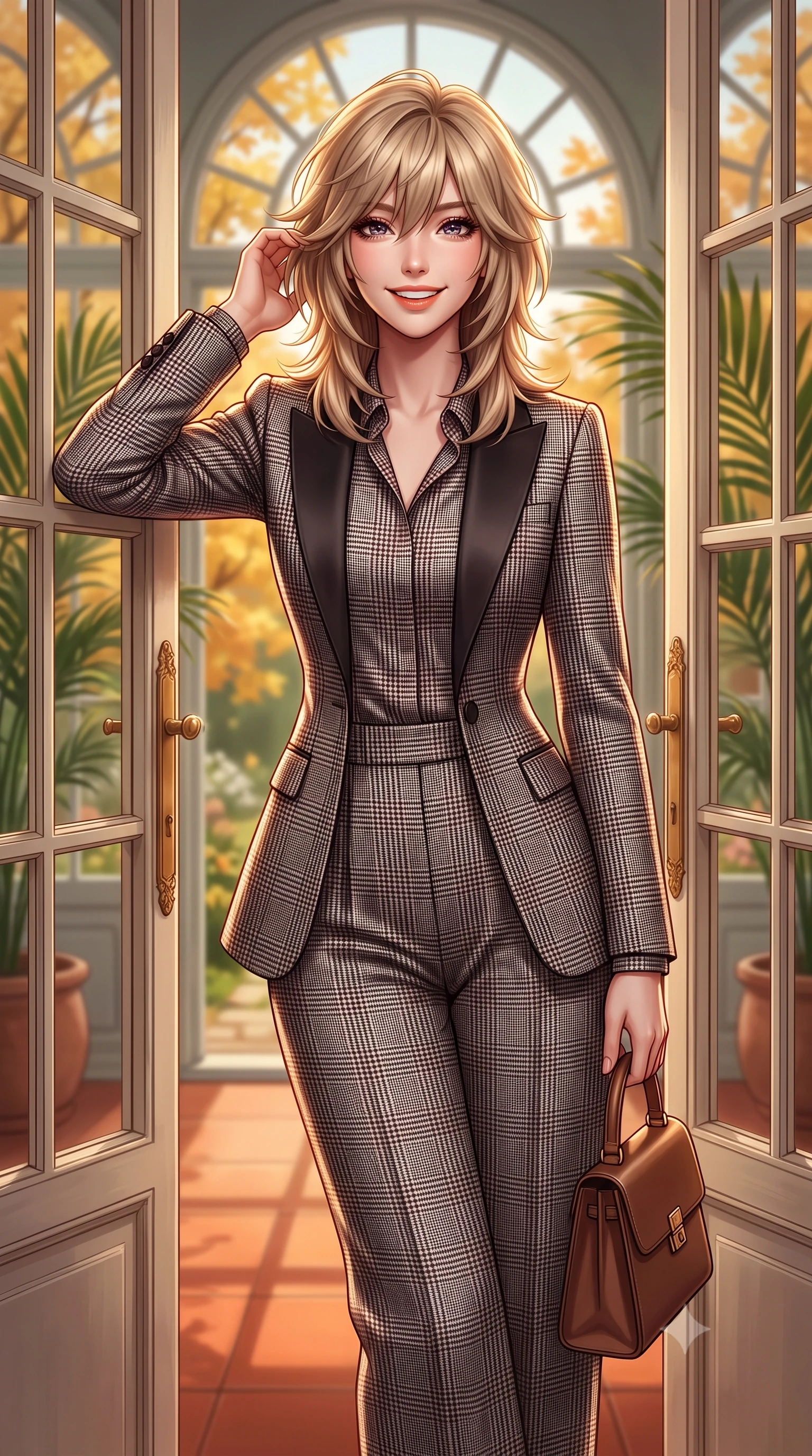 score_9, masterpiece, best quality, ultra-detailed, high-budget anime keyframe, semi-realistic 3D game render, editorial fashion photography, tasteful artistic composition, Japanese woman. close-up cowboy shot from the waist and thighs up, the character dominates the composition, filling the frame with her large presence. gently brushing a lock of hair behind her ear with one hand while flashing a radiant, joyful smile while leaning against the ornate French double doors looking out toward Kensington Gardens with a serene, captivating expression. The background shows a soft-focus arched multi-pane conservatory windows, lush potted palm fronds, and golden maple trees outside blurred into honey, terracotta, and olive bokeh. She has an exceptionally elegant, slender, and willowy female figure with an ultra-slim waist, flat toned midriff, narrow ribcage, and sculpted feminine hips creating an alluring, slim hourglass silhouette without bulk. sharp v-shaped jawline, high-bridge nose, intricate jewel-like sparkling eyes with depth, thick eyelashes, glossy parted lips with a natural peach sheen, bright cheerful beaming smile with an enchanting and coquettish sensual glint, exuding both youthful cute charm and seductive allure, flawlessly proportioned anatomical accuracy, strict slender model proportions, natural body alignment, perfectly sculpted long slender limbs, ultra-slim waistline, clean dynamic posture without body distortion. wearing a chic tailored smoking jacket blazer paired with fluid pleated palazzo trousers and a silk blouse base in classic glen plaid monochrome with subtle wine red accent, crafted from fluid mulberry silk twill with an understated lustrous pearl finish, finished with a structured leather top-handle mini bag resting gracefully at her side, the bespoke architectural tailoring hugging her natural waistline with sartorial precision, creating a clean graceful hourglass silhouette with tall model elegance. illuminated by terracotta floor reflection fill and warm golden rim lights defining her delicate collar and willowy silhouette. highly saturated vibrant anime colors, detailed shading with soft gradients, rich glossy textures, high-contrast stereoscopic depth, volumetric dynamic lighting, master piece, 9:16 ratio