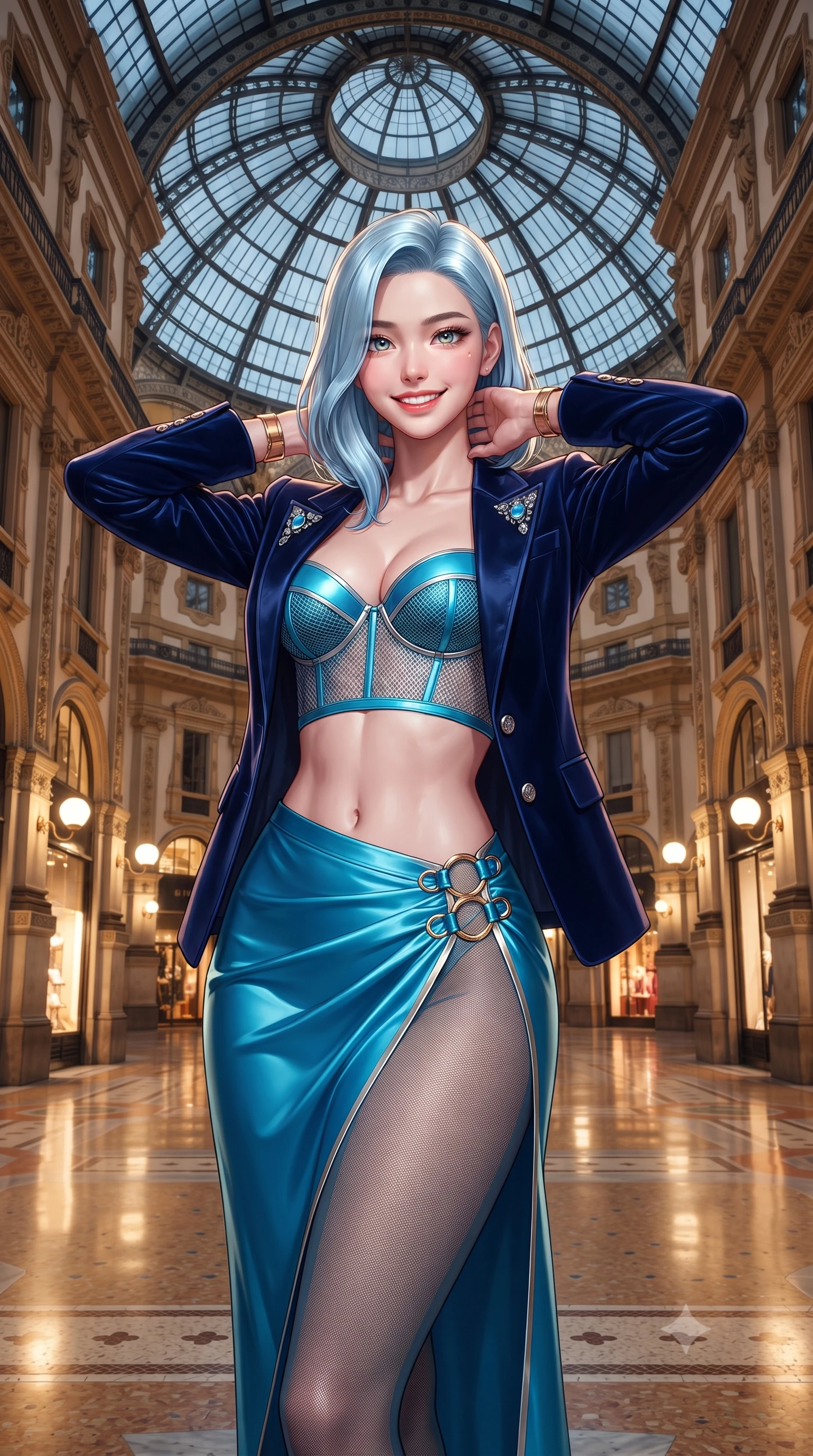 score_9, masterpiece, best quality, ultra-detailed, high-budget anime keyframe, editorial fashion photography, tasteful artistic composition, Korean woman. close-up cowboy shot from the waist and thighs up, the character dominates the composition, filling the frame with her large presence. resting both hands lightly behind her neck with elbows raised, arching her spine to highlight her narrow waist, flat midriff, and breathtaking collarbones while standing centered beneath the soaring octagonal glass dome in the quiet midnight arcade, arching her spine with sovereign supermodel poise. The surrounding environment is rendered in vivid detail and crisp panoramic clarity: detailed structured velvet smoking jacket tailoring, jeweled crop top facets, and master 19th-century architecture in high resolution. She has an exceptionally elegant, slender, and willowy female figure with an ultra-slim waist, flat toned midriff, narrow ribcage, and sculpted feminine hips creating an alluring, slim hourglass silhouette without bulk. sharp v-shaped jawline, high-bridge nose, intricate jewel-like sparkling eyes with depth, thick eyelashes, glossy parted lips with a natural peach sheen, bright cheerful beaming smile with an enchanting and coquettish sensual glint, exuding both youthful cute charm and seductive allure, flawlessly proportioned anatomical accuracy, strict slender model proportions, natural body alignment, perfectly sculpted long slender limbs, ultra-slim waistline, clean dynamic posture without body distortion. wearing a sculpted leatherette underwire bustier paired with a high-slit silk satin wrap skirt with gold ring hardware in Shibuya electric cyan and chrome silver, made of semi-opaque stretch illusion mesh with soft shadowy contours along her waist, accented with delicate golden wrist cuffs reflecting warm chandelier light, the glove-like clinging cut tightly following the natural contour of her hips and long slender legs with youthful 8.5-heads elegance. bathed in warm 3000K incandescent archway floodlights and glittering luxury storefront vitrine illumination. ultra-reflective glossy finish, specular highlights, rich textural contrasts, high-contrast stereoscopic depth, volumetric dynamic lighting, 2k, ultra detail, master piece, 9:16 ratio