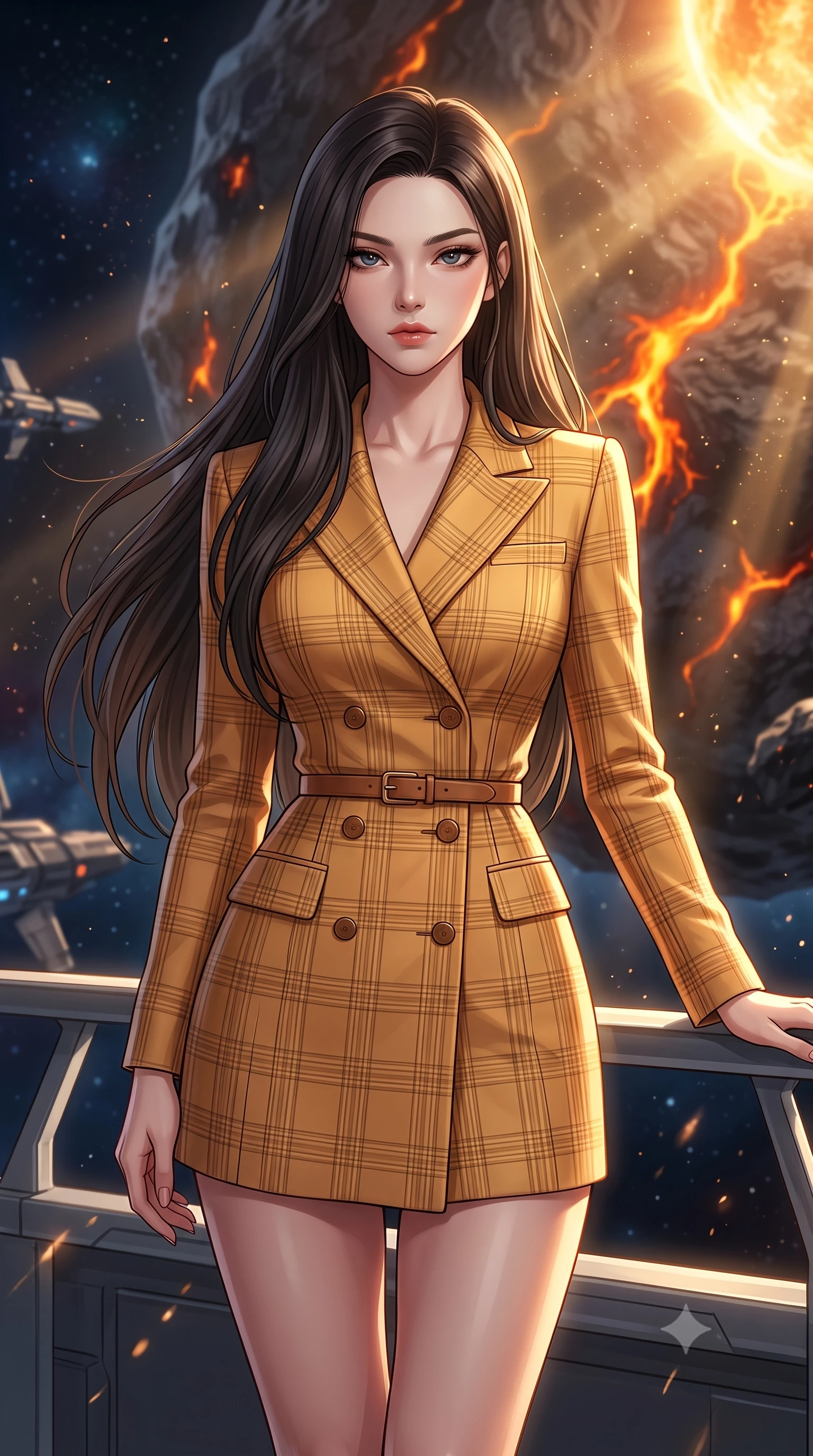 score_9, masterpiece, best quality, ultra-detailed, high-budget anime keyframe, editorial fashion photography, tasteful artistic composition, Korean woman. close-up cowboy shot from the waist and thighs up, the character dominates the composition, filling the frame with her large presence, background elements kept in soft focus. Standing proud on the bridge, looking down at the viewer with quiet authority and a cold composure. set against a soft-focus background of the surface of an asteroid heated by a nearby star, rivers of molten iron glowing orange on the dark stone. She has an exceptionally elegant and slender, willowy female figure with an ultra-slim waist, a gracefully sculpted slender torso, and a refined slim physique. sharp v-shaped jawline, high-bridge nose, intricate jewel-like eyes with depth, thick eyelashes, glossy lips with a natural sheen. wearing tailored for maximum mobility, sleek form-contouring panels that allow fluid movement, a slim-fit fitted double-breasted blazer dress in a bright camel plaid, nips at her ultra-slim waist to emphasize her slender proportions. highly saturated vibrant anime colors, intense vivid color palette, soft 3D volumetric shading, volumetric dynamic lighting, golden hour sunlight streaming in warm shafts with floating dust particles catching the light. 2k, ultra detail, master piece, 9:16 ratio