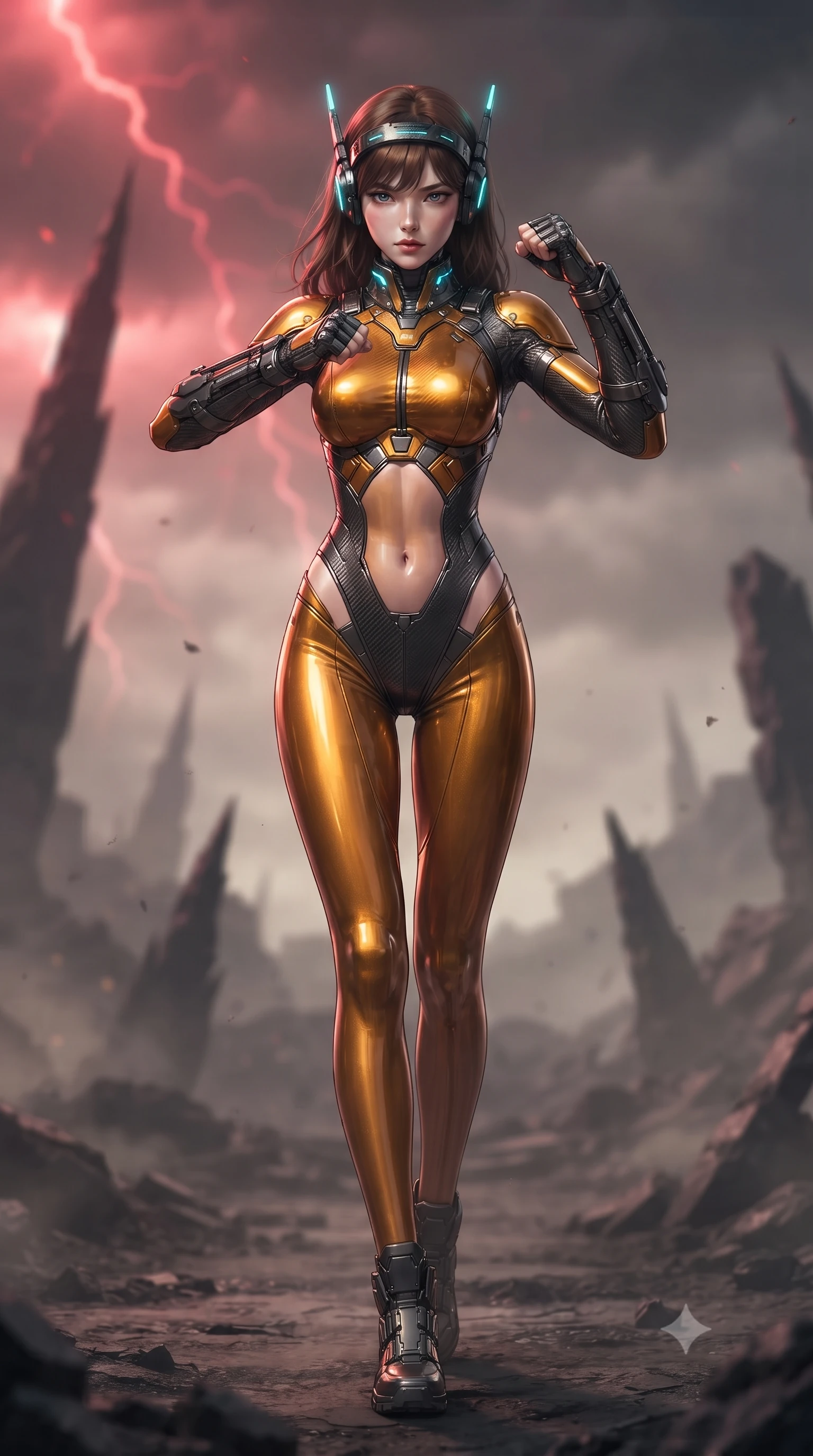 score_9, masterpiece, best quality, ultra-detailed, high-budget anime keyframe, editorial fashion photography, tasteful artistic composition, Korean woman. low angle full-body shot from head to toe showing her feet, filling the entire 9:16 vertical frame with her statuesque presence, stretching her vertical silhouette. striding forward with sovereign warrior elegance in a low, predatory combat advance through the ruins, hips swaying with fierce athletic poise while arching her spine in a fluid motion as she parries an unseen shockwave with her reinforced kinetic forearm bracers. The composition keeps background elements in soft focus with creamy bokeh. jagged obsidian spires and barren wasteland craters softened in dreamy atmospheric depth. She has an absolutely perfect, statuesque 8.5-heads proportion, an exceptionally tall and slender model-like female figure with impossibly long slender legs, a toned flat midriff, and an ultra-slim waist. sharp v-shaped jawline, high-bridge nose, intricate jewel-like eyes with depth, thick eyelashes, glossy lips with a natural sheen, fierce and resolute heroine expression, flawlessly proportioned anatomical accuracy, strict slender model proportions, natural body alignment, perfectly sculpted long slender limbs, ultra-slim waistline, clean dynamic posture without body distortion. wearing a lightweight carbon-fiber tactical sensory headpiece with glowing cyan ear-antennae and an ultra-thin forehead HUD brow-band, paired with a tailored tactical combat jumpsuit with an open-back harness design, reinforced composite breastplate, and high-mobility elbow dampers in molten amber-gold carbon cuirass with dark gunmetal weave, formed from high-gloss patent carbon-plating with specular dystopian chiaroscuro reflections, featuring a sleek aerodynamic collar framed by subtle glowing cybernetic status LEDs, the precision-cut daring openings accentuating her delicate midriff, graceful bare collarbones, and ultra-slim feminine waistline. bathed in eerie crimson lightning storm backlighting and ominous dark ash ambient fill. ultra-reflective glossy finish, specular highlights, dark metallic sheen, high-contrast stereoscopic depth, volumetric dynamic lighting, 2k, ultra detail, master piece, 9:16 ratio