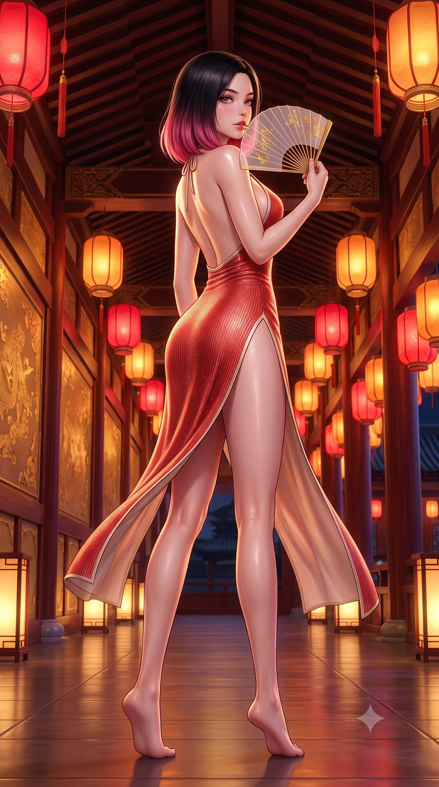 score_9, masterpiece, best quality, ultra-detailed, high-budget anime keyframe, semi-realistic 3D game render, editorial fashion photography, tasteful artistic composition, Korean woman. low angle full-body shot from head to toe showing her feet, filling the entire 9:16 vertical frame with her statuesque presence, stretching her vertical silhouette. executing a slow, graceful pivot turn as her skirt sways around her slender legs, glancing back with an enchanting, teasing sensual expression while twisting her slender torso in an alluring contrapposto stance, palace festival lanterns casting vibrant crimson glow across her curves. The surrounding environment is rendered in vivid detail and crisp panoramic clarity: detailed gold-leaf stamped silk fabric, dewy skin highlights, and royal palace colonnade architecture in high resolution. She has an absolutely perfect, statuesque 8.5-heads proportion, an exceptionally tall and slender model-like female figure with impossibly long slender legs, an ultra-slim waist, a flat toned midriff, narrow delicate ribcage, and beautifully sculpted feminine hips creating a graceful, slim hourglass silhouette without any bulky heaviness. sharp v-shaped jawline, high-bridge nose, sparkling eyes with hypnotic seductive depth, thick curled eyelashes, glossy parted lips with a natural dewy peach sheen, alluring bedroom-eyes with an enchanting coquettish smile, exuding magnetic siren charisma and sophisticated glamour, flawlessly proportioned anatomical accuracy, strict slender model proportions, natural body alignment, perfectly sculpted long slender limbs, ultra-slim waistline, clean dynamic posture without body distortion. wearing a slinky backless halterneck column mini dress in shimmering stretch lurex with deep side slits in royal vermilion crimson and pale ivory silk, tailored from fine ribbed modal knit with gentle elastic contouring and soft hand-feel, finished with a transparent silk folding fan held gracefully near her glossy parted lips, the form-contouring silhouette accentuating her sculpted flat midriff, narrow delicate ribcage, and gracefully curvy hips with intoxicating allure. bathed in the warm crimson-and-amber glow of ceremonial palace lanterns. highly saturated vibrant anime colors, detailed shading with soft gradients, rich glossy textures, high-contrast stereoscopic depth, volumetric dynamic lighting, master piece, 9:16 ratio