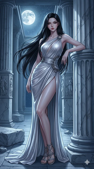 score_9, masterpiece, best quality, ultra-detailed, High-budget Anime Keyframe, East Asian woman. Low angle cowboy shot filling the entire 9:16 frame with her statuesque presence. Scenario 183: Leaning against a cold marble pillar in a moonlit greek 