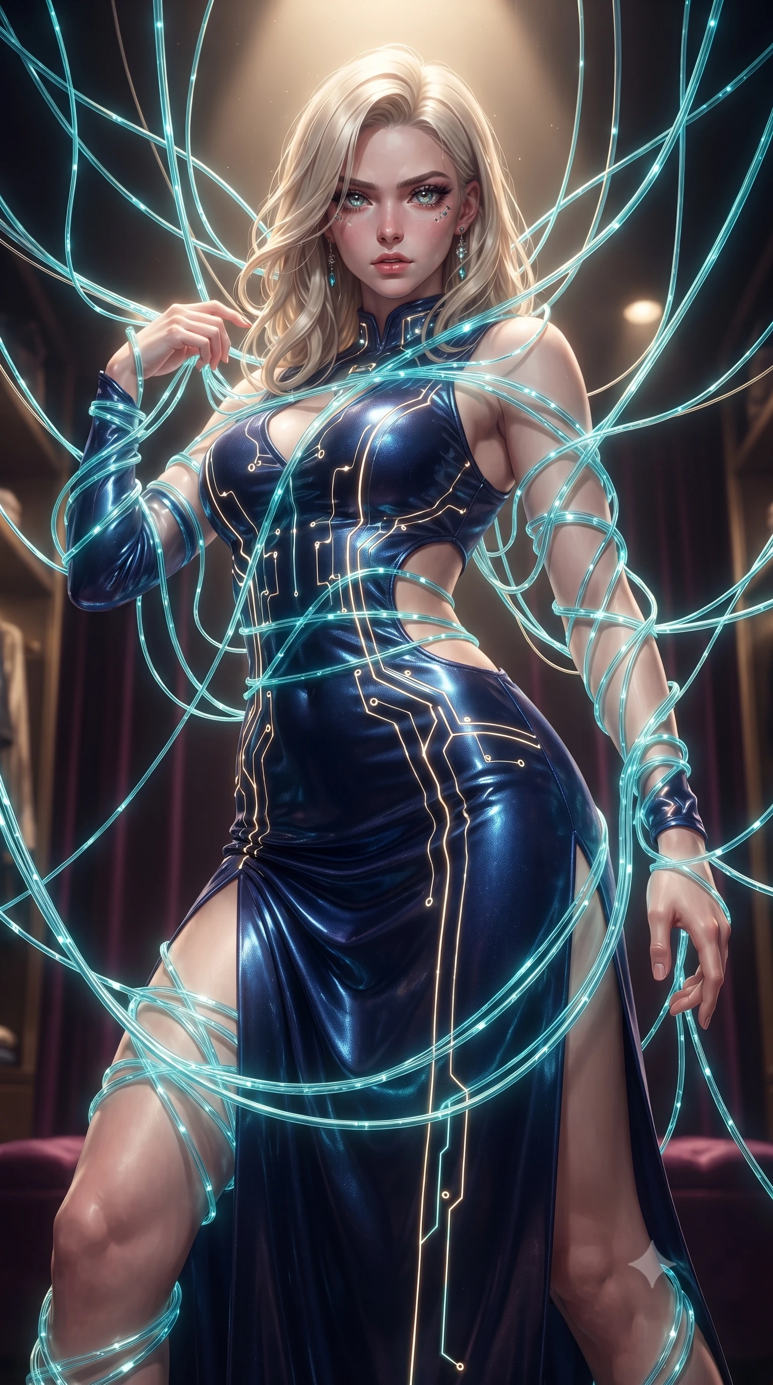 score_9, masterpiece, best quality, ultra-detailed, High-budget Anime Keyframe, editorial fashion photography, tasteful artistic composition, realistic cosplay photography, Caucasian woman, strictly human ears. Low angle cowboy shot filling the entire 9:16 frame with her statuesque presence. Scenario 367: tangled in a web of glowing cyan fiber-optic cables inside a velvet-lined dressing room illuminated by soft golden spotlights. Her presence is magnetic and overpowering in this high-budget cinematic scene. Outfit 367: a tailored shimmering chiffon liquid with a strategic side cut-outs and glowing LED seams. The clothing is designed to emphasize her exceptionally tall and slender 8-heads proportion. 8-heads proportion, towering silhouette, ultra-slim waist. sharp v-shaped jawline, intricate jewel-like eyes with depth, thick eyelashes, glossy lips. ultra-reflective glossy finish, specular highlights, metallic sheen, high-contrast stereoscopic depth, volumetric dynamic lighting, 2k, ultra detail, master piece, 9:16 ratio