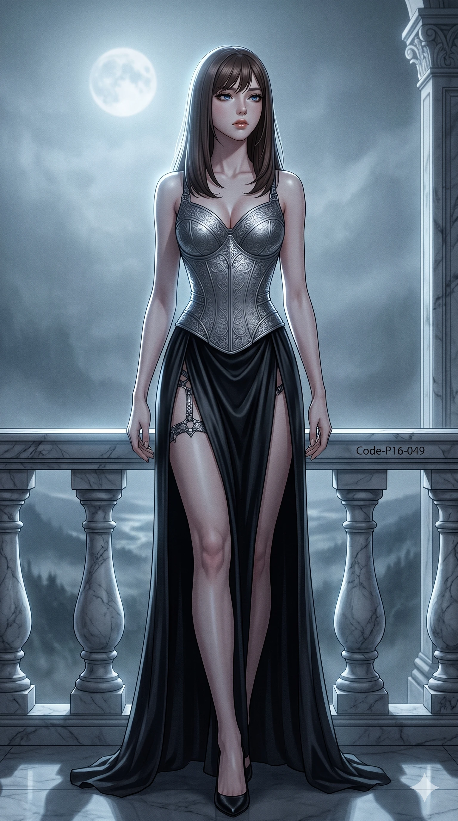 score_9, masterpiece, best quality, ultra-detailed, high-budget anime keyframe, editorial fashion photography, tasteful artistic composition, Korean woman. cowboy shot from the thighs up, character and outfit filling the frame for maximum editorial presence. holding a powerful pose, looking past the camera with an air of effortless superiority standing on a marble balcony of a castle overlooking a misty valley (Code-P16-049). She has an absolutely perfect 8-heads proportion, an exceptionally tall and slender female figure with impossibly long slender legs and an ultra-slim waist. V-shaped jawline, high-bridge nose, intricate jewel-like eyes with depth, thick eyelashes, glossy lips with a natural sheen. wearing a structured silver armor corset over a flowing black silk gown with a high side slit. cool silver moonlight filtered through the mist, creating a dramatic, ethereal rim light. 2k, ultra detail, master piece, 9:16 ratio