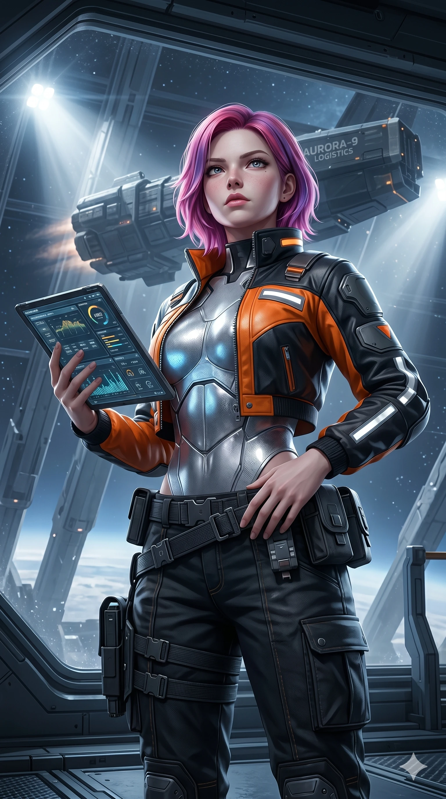 score_9, masterpiece, best quality, ultra-detailed, high-budget anime keyframe, semi-realistic 3D game render, Caucasian woman, strictly human ears. Upper body close-up from the thighs up, character filling the screen for maximum presence. Standing in an orbital docking bay, watching an incoming cargo ship, holding a digital tablet, looking up with a focused, intense gaze. She is wearing a cropped tech-jacket over a silver bodice and cargo pants with utility belt. The scene is illuminated by the bright white spotlights of the docking bay. 2k, ultra detail, master piece, 9:16 ratio