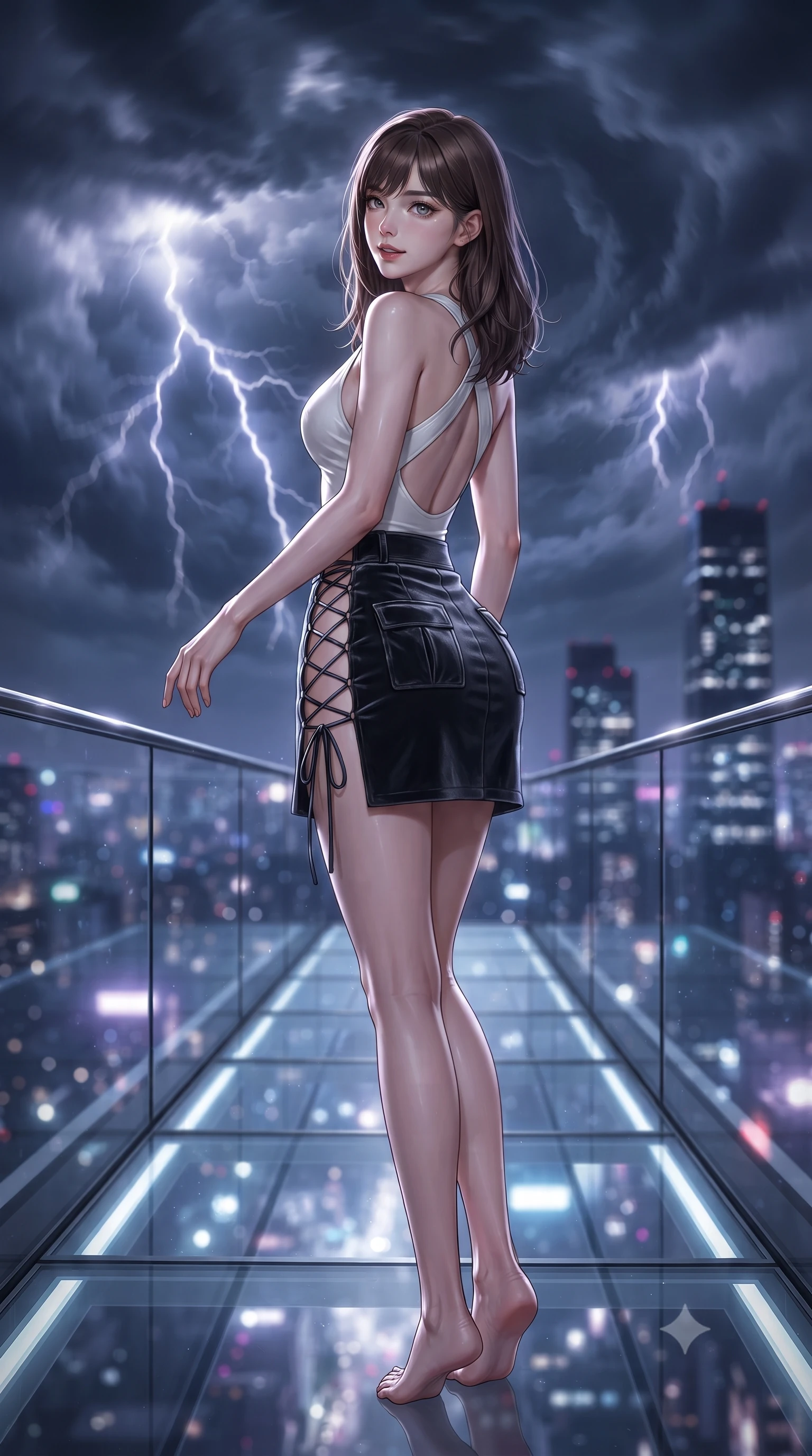 score_9, masterpiece, best quality, ultra-detailed, high-budget anime keyframe, editorial fashion photography, tasteful artistic composition, Korean woman. low angle full-body shot from head to toe showing her feet, filling the entire 9:16 vertical frame with her statuesque presence, stretching her vertical silhouette. executing a slow, graceful pivot turn as her skirt sways around her slender legs, glancing back with an enchanting, teasing sensual expression while walking slowly along the illuminated glass walkway, hips swaying in an alluring kinetic rhythm that commands the aerial cityscape. The background shows a soft-focus swirling storm clouds, lightning arcs, and glittering city skyscrapers miles below blurred into sapphire, violet, and electric silver bokeh. She has an absolutely perfect, statuesque 8.5-heads proportion, an exceptionally tall and slender model-like female figure with impossibly long slender legs, an ultra-slim waist, a flat toned midriff, narrow delicate ribcage, and beautifully sculpted feminine hips creating a graceful, slim hourglass silhouette without any bulky heaviness. sharp v-shaped jawline, high-bridge nose, sparkling eyes with hypnotic seductive depth, thick curled eyelashes, glossy parted lips with a natural dewy peach sheen, alluring bedroom-eyes with an enchanting coquettish smile, exuding magnetic siren charisma and sophisticated glamour, flawlessly proportioned anatomical accuracy, strict slender model proportions, natural body alignment, perfectly sculpted long slender limbs, ultra-slim waistline, clean dynamic posture without body distortion. wearing a high-waisted tactical wrap mini skirt with dual utility pockets paired with a plunging criss-cross halter sports top in pure pearl alabaster with liquid platinum sheen, tailored from ultra-plush velvet with rich tactile depth and deep shadow gradients, finished with fine criss-cross lace-up side ties revealing tantalizing glimpses of her hip curve, the precision-cut side openings and low-back scoop framing her graceful spine and the sensual sweep of her slim, toned hips. illuminated by exterior lightning flash bounce and sharp platinum rim lights sculpting her delicate clavicles, narrow waist, and curvy hips. ultra-reflective glossy finish, specular highlights, rich textural contrasts, high-contrast stereoscopic depth, volumetric dynamic lighting, 2k, ultra detail, master piece, 9:16 ratio