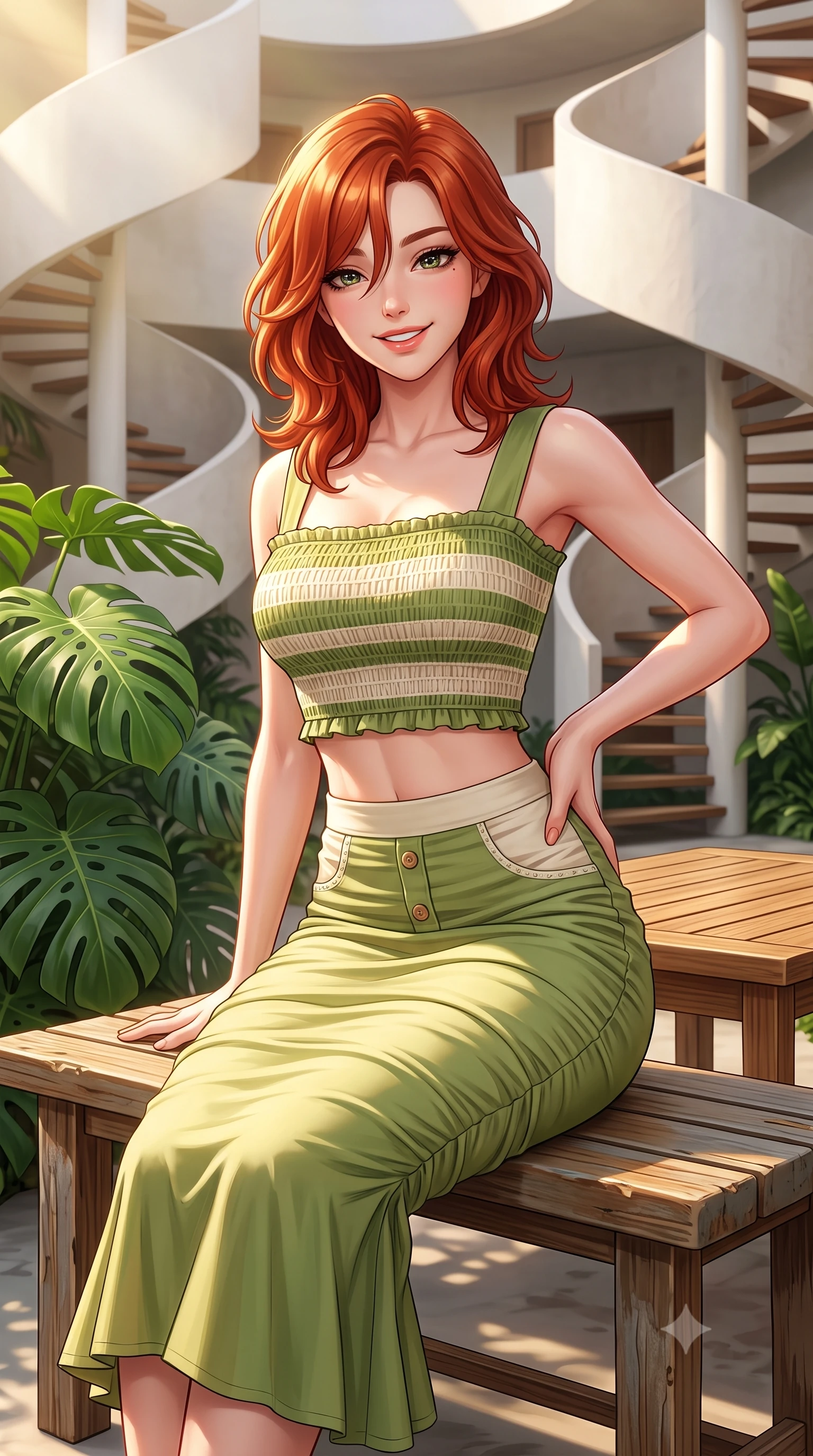 score_9, masterpiece, best quality, ultra-detailed, high-budget anime keyframe, semi-realistic 3D game render, editorial fashion photography, tasteful artistic composition, Korean woman. close-up cowboy shot from the waist and thighs up, the character dominates the composition, filling the frame with her large presence. tilting her head with a cute beaming smile while arching her spine with effortless dancer poise, one hand sliding along her hip line in a flirtatious S-curve while sitting on a low teak bench in a lush tropical courtyard beneath curved Streamline Moderne spiral staircases, arching her back with a bright, charming smile. The surrounding environment is rendered in vivid detail and crisp panoramic clarity. sharp smooth plaster architectural curves, teak wood table textures, and monstera leaf veins in deep focus. She has an exceptionally elegant, slender, and willowy female figure with an ultra-slim waist, flat toned midriff, narrow ribcage, and sculpted feminine hips creating an alluring, slim hourglass silhouette without bulk. sharp v-shaped jawline, high-bridge nose, intricate jewel-like sparkling eyes with depth, thick eyelashes, glossy parted lips with a natural peach sheen, bright cheerful beaming smile with an enchanting and coquettish sensual glint, exuding both youthful cute charm and seductive allure, flawlessly proportioned anatomical accuracy, strict slender model proportions, natural body alignment, perfectly sculpted long slender limbs, ultra-slim waistline, clean dynamic posture without body distortion. wearing a fitted square-neck smocked crop top paired with a curve-hugging ruched mermaid midi skirt in matcha green and warm ivory, crafted from liquid-tight stretch jersey emphasizing every curve, finished with neat front wooden buttons and delicate pocket details, the form-fitting cut adhering flawlessly to her sculpted flat midriff and slender torso, emphasizing her long leg lines and perfectly proportioned willowy build. bathed in warm, luminous tropical morning sunlight streaming into the secluded courtyard. highly saturated vibrant anime colors, detailed shading with soft gradients, rich glossy textures, high-contrast stereoscopic depth, volumetric dynamic lighting, master piece, 9:16 ratio