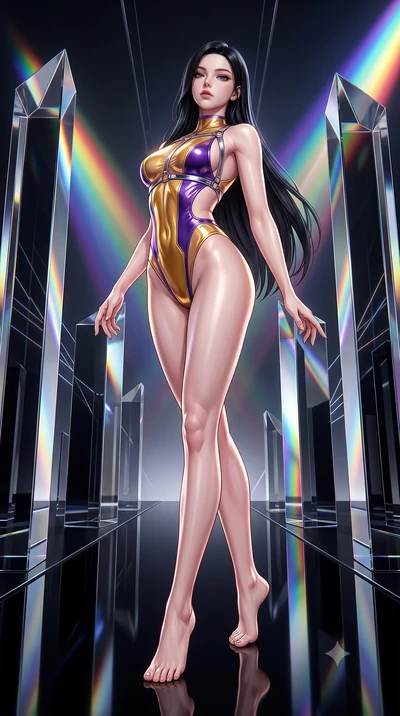 score_9, masterpiece, best quality, ultra-detailed, high-budget anime keyframe, semi-realistic 3D game render, editorial fashion photography, tasteful artistic composition, Korean woman. low angle full-body shot from head to toe showing her feet, fil