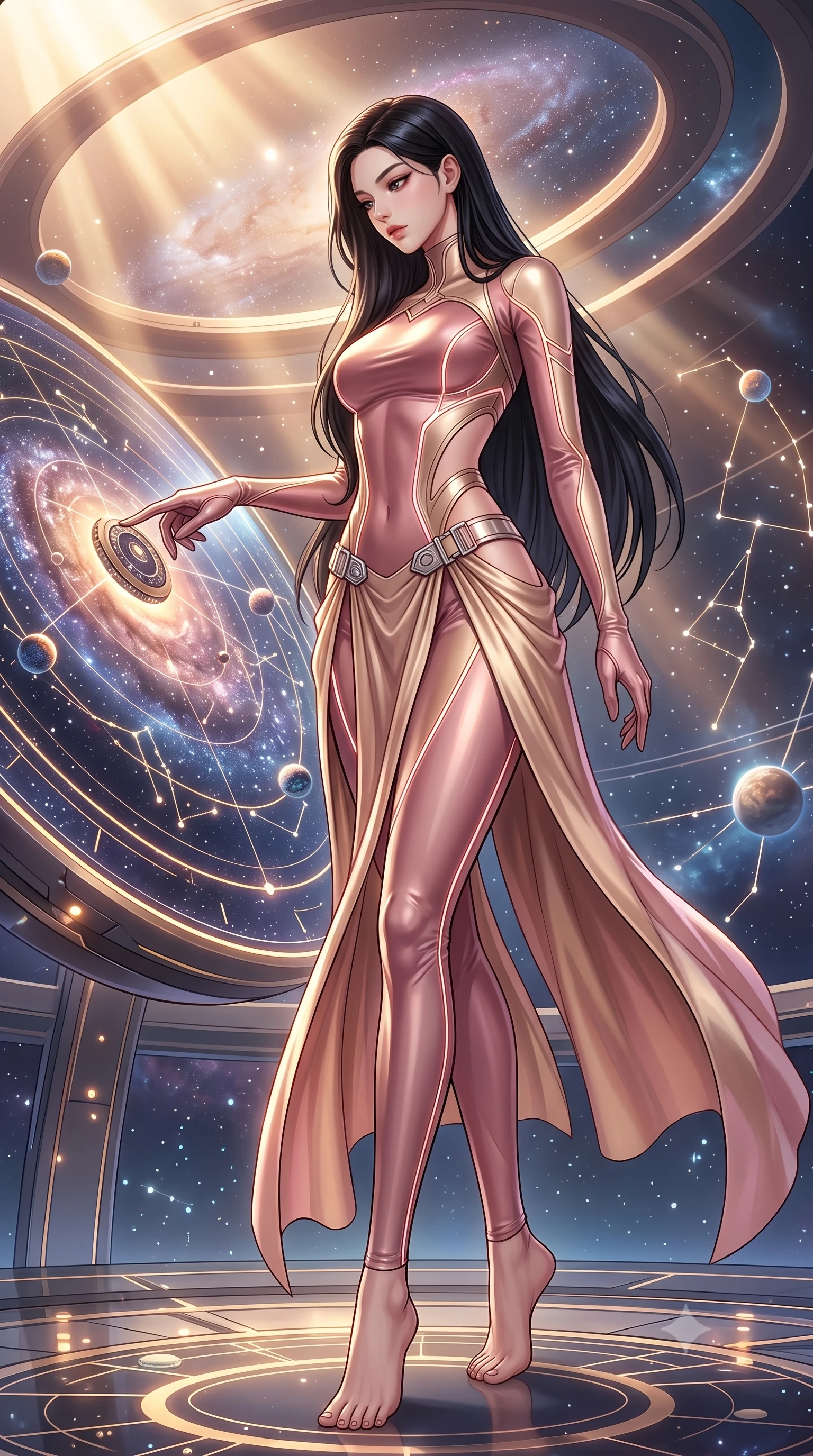 score_9, masterpiece, best quality, ultra-detailed, high-budget anime keyframe, editorial fashion photography, tasteful artistic composition, Korean woman. low angle full-body shot from head to toe showing her feet, filling the entire 9:16 vertical frame with her statuesque presence, stretching her vertical silhouette. navigating the luminous space with effortless poise, displaying her perfect model proportions adjusting a luminous planetary orbital dial filled with galaxy dust, glowing constellation lines tracing intricate patterns nearby. She has an absolutely perfect, statuesque 8.5-heads proportion, an exceptionally tall and slender model-like female figure with impossibly long slender legs and an ultra-slim waist. sharp v-shaped jawline, high-bridge nose, intricate jewel-like eyes with depth, thick eyelashes, glossy lips with a natural sheen. wearing a skin-tight cybernetic bodysuit with glowing neon seams and side cutouts in dusty rose and champagne gold, crafted from lustrous satin jersey with fluid draping, detailed with polished silver buckles along the waistline, the glove-like fit emphasizing her statuesque silhouette. bathed in warm sunbursts filtering through floating orbital rings. highly saturated vibrant anime colors, detailed shading with soft gradients, rich glossy textures, high-contrast stereoscopic depth, volumetric dynamic lighting, master piece, 9:16 ratio