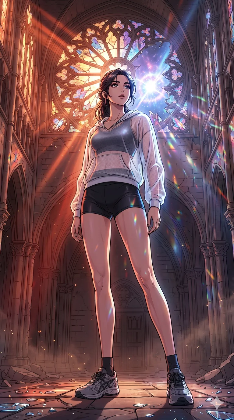score_9, masterpiece, best quality, ultra-detailed, high-budget anime movie keyframe, cinematic anime lighting, intricate line art, Korean woman. Low angle cowboy shot filling the entire 9:16 frame with her statuesque presence. observing a supernova in a shattered stained glass cathedral during a golden sunset. She has an absolutely perfect 8-heads proportion, an exceptionally tall and slender female figure with an ultra-slim waist and impossibly long slender legs. sharp v-shaped jawline, high-bridge nose, intricate jewel-like eyes, thick eyelashes, glossy lips. Wearing premium athleisure set with a metallic-finish compression top, high-cut yoga shorts that accentuate her long legs, and a sheer oversized hoodie. The scene is illuminated by dramatic atmospheric lighting and vibrant color palettes. , 2k, ultra detail, master piece, 9:16 ratio