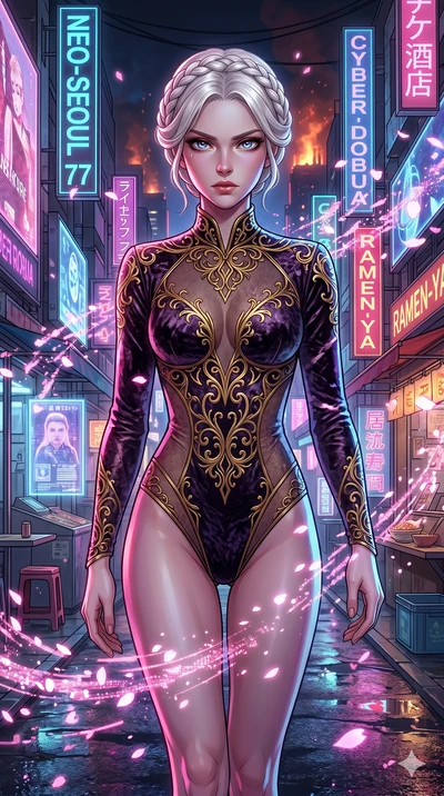 score_9, masterpiece, best quality, ultra-detailed, Set A: High-budget Anime Keyframe, Caucasian (strictly human ears) woman. Upper body close-up from the thighs up, character filling the screen for maximum presence. Walking gracefully through a futu