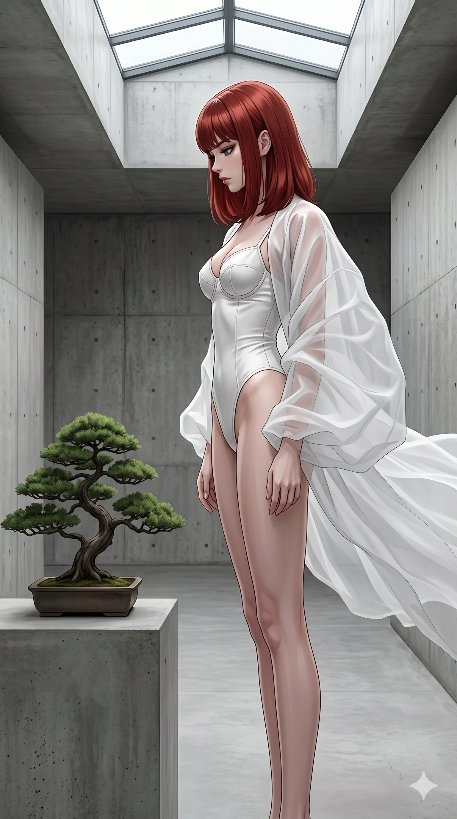 score_9, masterpiece, best quality, ultra-detailed, high-budget anime keyframe, editorial fashion photography, tasteful artistic composition, Caucasian woman, strictly human ears. cowboy shot from the thighs up, character and outfit filling the frame for maximum editorial presence. standing in a sharp profile pose, looking down at the tree with a cool, composed expression inside a minimalist concrete gallery with a single bonsai tree (Code-P16-046). She has an absolutely perfect 8-heads proportion, an exceptionally tall and slender female figure with impossibly long slender legs and an ultra-slim waist. V-shaped jawline, high-bridge nose, intricate jewel-like eyes with depth, thick eyelashes, glossy lips with a natural sheen. wearing a structured white silk high-cut bodysuit with structured cups and a sheer organza wrap. soft diffused light from a concrete skylight, highlighting her V-shaped jawline and nose. 2k, ultra detail, master piece, 9:16 ratio