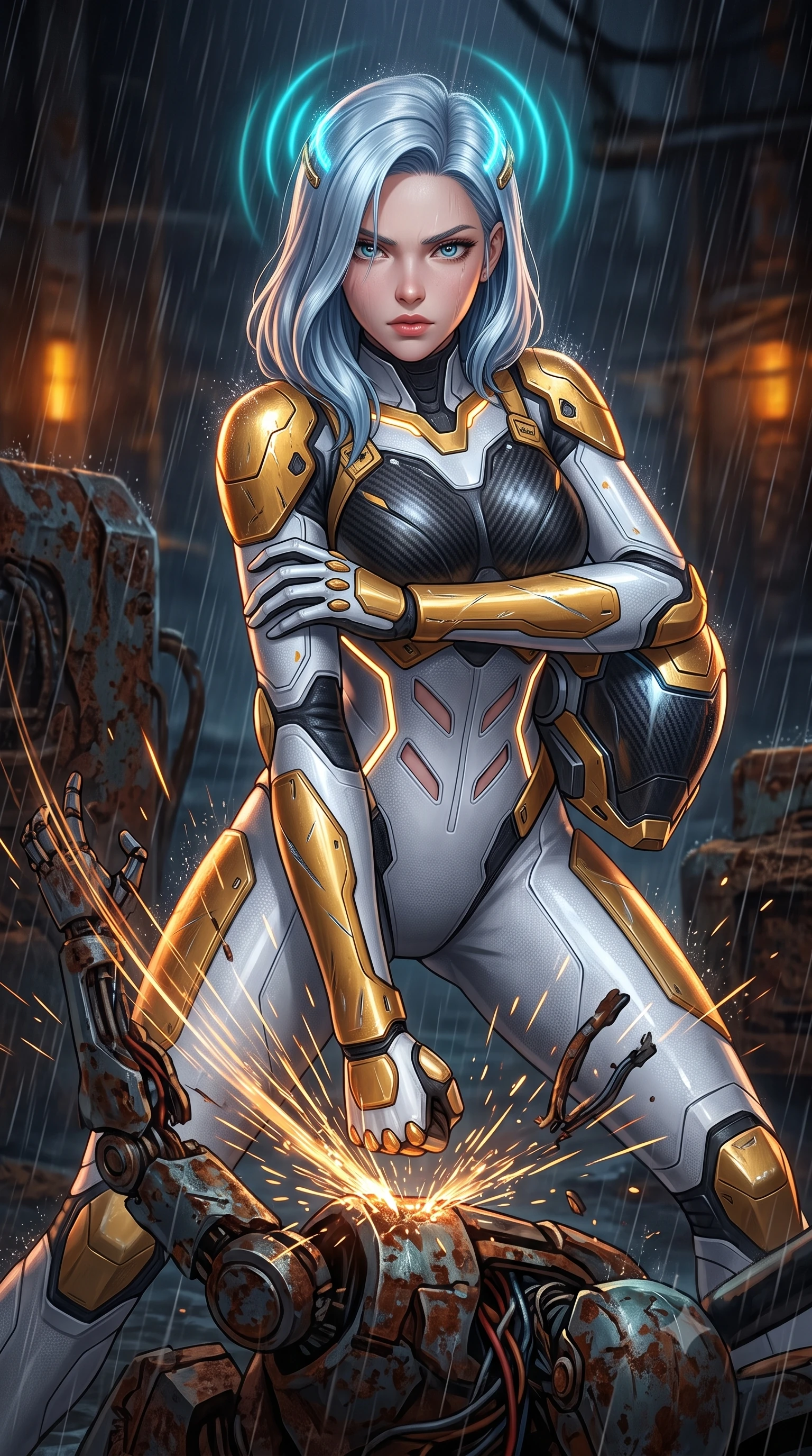 score_9, masterpiece, best quality, ultra-detailed, high-budget anime keyframe, semi-realistic 3D game render, editorial fashion photography, tasteful artistic composition, Korean woman. close-up cowboy shot from the waist and thighs up, the character dominates the composition, filling the frame with her large presence. shifting into a low cat-stance with arms crossed defensively, glowing energy conduits tracing her ultra-slim waist and sculpted clavicle while delivering a downward kinetic hammer fist that sends discarded mechanical limbs flying in a radial arc of sparks. The surrounding environment is rendered in vivid detail and crisp panoramic clarity. sharp ear-sensor crown LED filaments, detailed carbon armor weave, and rusted machine textures in deep focus. She has an exceptionally elegant, slender, and willowy female figure with an ultra-slim waist, a gracefully sculpted slender torso, toned flat midriff, and a refined slim silhouette. sharp v-shaped jawline, high-bridge nose, intricate jewel-like eyes with depth, thick eyelashes, glossy lips with a natural sheen, fierce and resolute heroine expression, flawlessly proportioned anatomical accuracy, strict slender model proportions, natural body alignment, perfectly sculpted long slender limbs, ultra-slim waistline, clean dynamic posture without body distortion. holding a modular carbon battle-helmet under one arm, her flawless face and sculpted neck exposed to the rain with determined warrior focus, paired with a form-contouring high-mobility battle-suit featuring sculpted carbon chest plating, diagonal midriff ventilation cutouts, and kinetic knee vambraces in arctic white carbon composite with scratched solar gold armor plating, crafted from semi-translucent cybernetic carbon-vinyl interwoven with glowing micro-filaments, complemented by criss-cross back harness straps highlighting her completely bare spine, the sleek second-skin cut tightly hugging her graceful clavicle, narrow waist, and feminine curves with athletic precision. bathed in atmospheric amber emergency lighting and pulsing cyan sonar crown glow. rich saturated anime colors with glowing neon highlights, detailed shading with soft gradients, rich glossy textures, high-contrast stereoscopic depth, volumetric dynamic lighting, master piece, 9:16 ratio