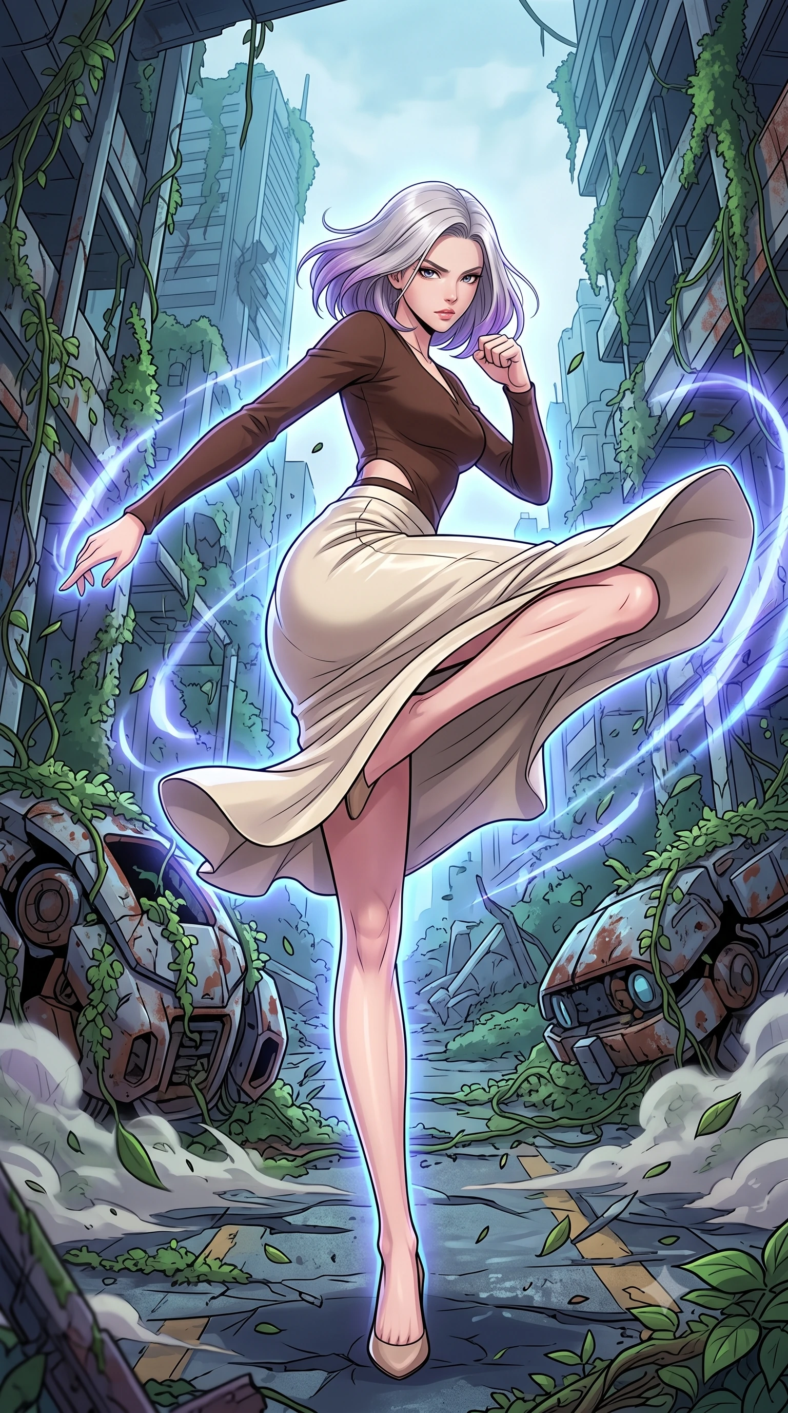 score_9, masterpiece, best quality, ultra-detailed, high-budget anime keyframe, clean line-art, cel-shading, Caucasian woman, strictly human ears. low angle full-body shot from head to toe showing her feet, filling the entire 9:16 vertical frame with her statuesque presence, stretching her vertical silhouette. executing a lightning-fast low sweep kick with fluid momentum and intense focus inside ruins of a futuristic city where nature has reclaimed steel structures, vines growing over rusted robotic hulls. She has a statuesque 8.5-heads proportion, an exceptionally tall, slender and willowy model-like build with impossibly long legs and a highly sculpted ultra-slim waist. sharp v-shaped jawline, high-bridge nose, intricate jewel-like eyes with depth, thick eyelashes, glossy lips with a natural sheen. wearing the lightweight fabric rippling and billowing dramatically with her movement, a tailored chocolate brown knit top with a subtle waist-cutout detailing, paired with a cream leather pencil skirt. cool ethereal blue-violet bioluminescent glow wrapping around her from all sides. highly saturated vibrant anime colors, intense vivid color palette, volumetric dynamic lighting, 2k, ultra detail, master piece, 9:16 ratio