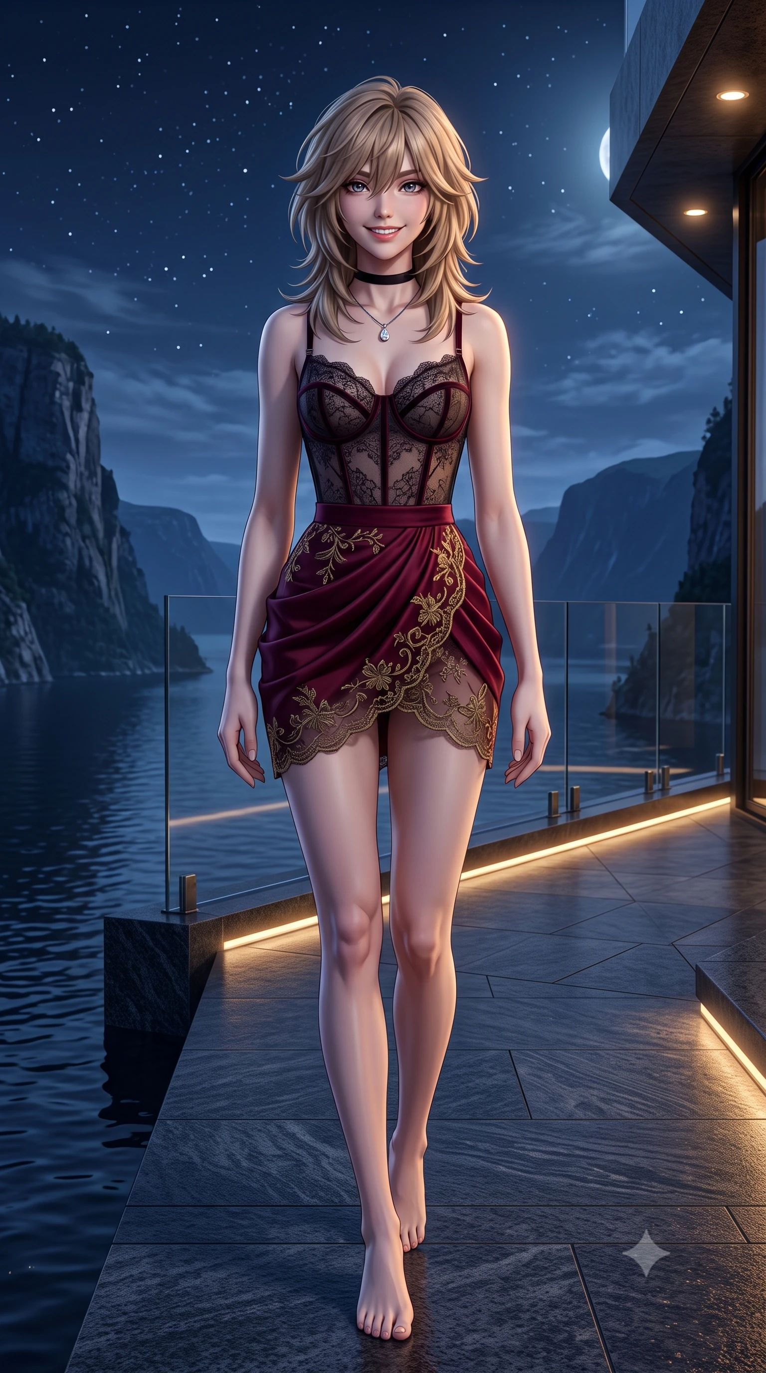 score_9, masterpiece, best quality, ultra-detailed, high-budget anime keyframe, semi-realistic 3D game render, editorial fashion photography, tasteful artistic composition, Japanese woman. low angle full-body shot from head to toe showing her feet, filling the entire 9:16 vertical frame with her statuesque presence, stretching her vertical silhouette. stepping slowly toward the camera with hypnotic grace, hips swaying in an alluring sensual rhythm that accentuates her curvy hourglass silhouette and long slender legs while standing poised at the edge of the dark granite infinity edge jutting over the sheer fjord cliff, arching her back with high-fashion ease. The surrounding environment is rendered in vivid detail and crisp panoramic clarity: sharp honed black granite stone veining, water surface tension meniscus, and precision glass railing hardware in deep focus. She has an exceptionally tall and slender model-like 8.5-heads proportion, an ultra-slim waist, a flat toned midriff, narrow delicate ribcage, and beautifully sculpted feminine hips creating a graceful, slim hourglass silhouette without any bulky heaviness, with impossibly long slender legs. sharp v-shaped jawline, high-bridge nose, intricate jewel-like sparkling eyes with depth, thick eyelashes, glossy parted lips with a natural peach sheen, bright cheerful beaming smile with an enchanting and coquettish sensual glint, exuding both youthful cute charm and seductive allure, flawlessly proportioned anatomical accuracy, strict slender model proportions, natural body alignment, perfectly sculpted long slender limbs, ultra-slim waistline, clean dynamic posture without body distortion. wearing a sculpted underwire bustier in sheer noir lace with velvet piping paired with an ultra-short draped tulip skirt in French boudoir bordeaux wine and antique brass, made of delicate embroidered tulle lace with intricate floral motifs and soft transparency, finished with a thin velvet ribbon choker and a single teardrop diamond pendant, the liquid-tight tailored fabric clinging flawlessly to her narrow waist and rounded feminine hips, emphasizing every millimeter of her sculpted slim hourglass curves without any bulky heaviness. bathed in cool moonlight and starlight balanced with warm 2700K architectural recessed ledge downlights. highly saturated vibrant anime colors, detailed shading with soft gradients, rich glossy textures, high-contrast stereoscopic depth, volumetric dynamic lighting, master piece, 9:16 ratio