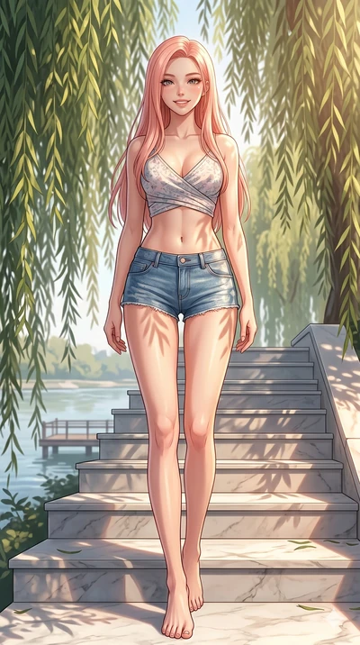score_9, masterpiece, best quality, ultra-detailed, high-budget anime keyframe, vibrant anime aesthetic, Japanese woman. low angle full-body shot from head to toe showing her feet, filling the entire 9:16 vertical frame with her statuesque presence, 