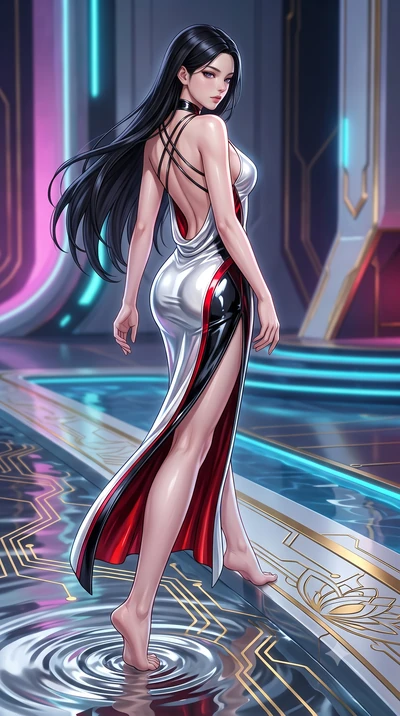 score_9, masterpiece, best quality, ultra-detailed, high-budget anime keyframe, semi-realistic 3D game render, editorial fashion photography, tasteful artistic composition, Korean woman. low angle full-body shot from head to toe showing her feet, fil