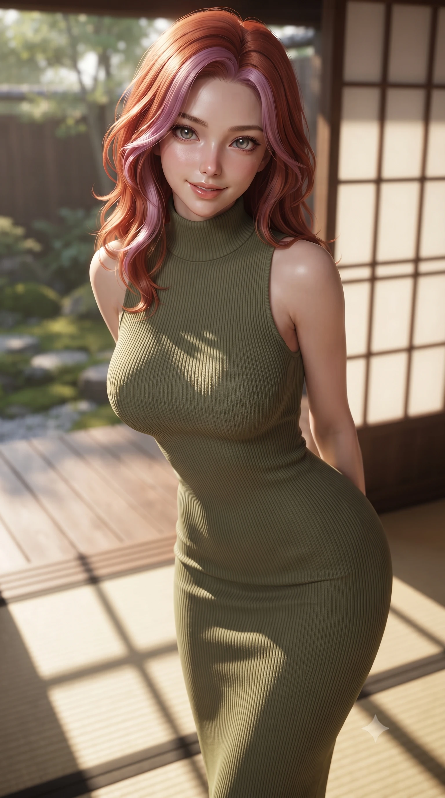 score_9, masterpiece, best quality, ultra-detailed, high-budget anime keyframe, editorial fashion photography, tasteful artistic composition, Caucasian woman. close-up cowboy shot from the waist and thighs up, the character dominates the composition, filling the frame with her large presence, background elements kept in soft focus. leaning slightly forward with a playful, teasing smile, her gaze locked onto the viewer the background shows a soft-focus a ryokan stream hot spring cypress wood bath facing a moss garden. She has an exceptionally elegant, slender, and willowy female figure with an ultra-slim waist, a gracefully sculpted slender torso, and a refined silhouette. sharp v-shaped jawline, high-bridge nose, intricate jewel-like eyes with depth, thick eyelashes, glossy lips with a natural sheen. wearing a body-hugging form-contouring ribbed knit bodycon midi dress in olive green, tracing her slender silhouette with a high neck. soft late afternoon sunrays casting long wooden grid shadows on the tatami. ultra-reflective glossy finish, specular highlights, metallic sheen, high-contrast stereoscopic depth, volumetric dynamic lighting, 2k, ultra detail, master piece, 9:16 ratio