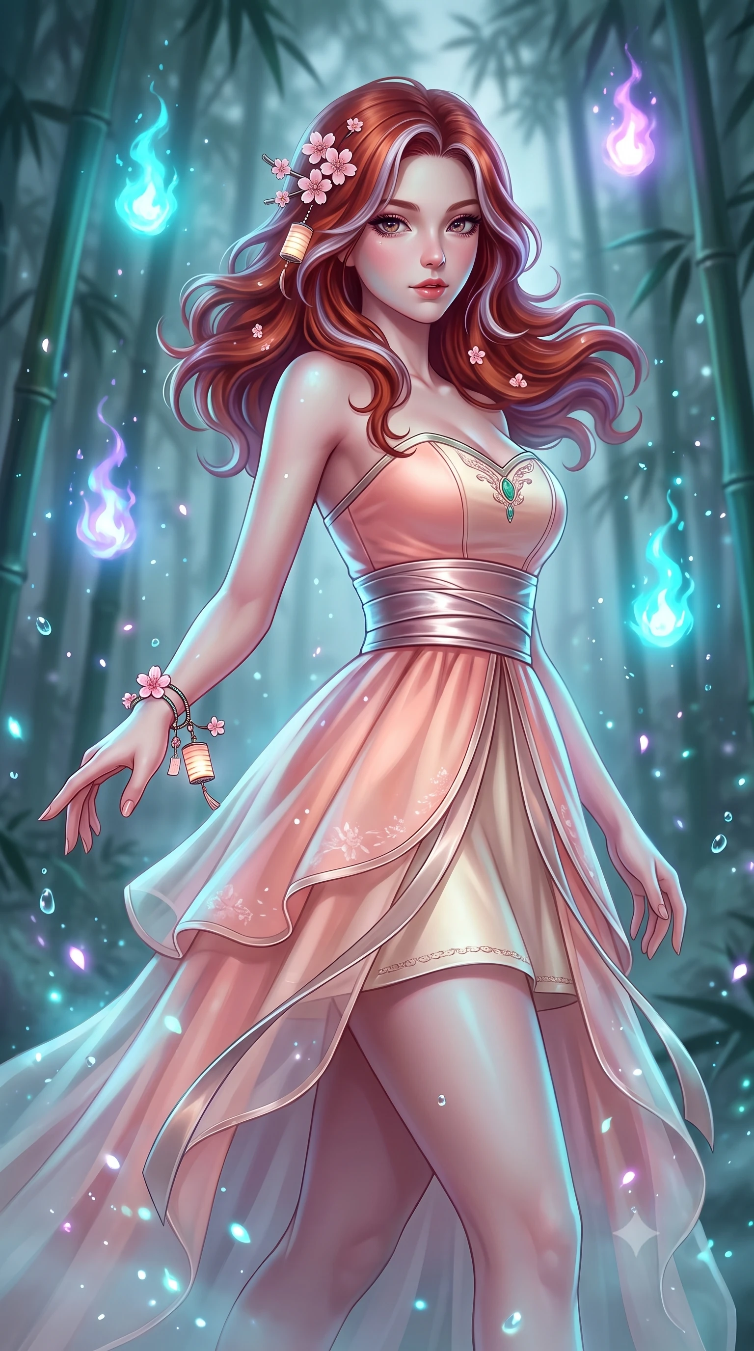 score_9, masterpiece, best quality, ultra-detailed, high-budget anime keyframe, semi-realistic 3D game render, editorial fashion photography, tasteful artistic composition, Caucasian woman. close-up cowboy shot from the waist and thighs up, the character dominates the composition, filling the frame with her large presence. extending one slender arm gracefully toward the foreground while casting an affectionate, mesmerizing glance while gliding silently through a dense, mist-veiled bamboo forest illuminated by floating cyan and amethyst will-o'-the-wisp spirit flames. The composition keeps background elements in soft focus with creamy bokeh. sparkling spirit flame embers and floating moisture droplets scattering enchanting light motes. She has an exceptionally elegant, slender, and willowy female figure with an ultra-slim waist, a gracefully sculpted slender torso, toned flat midriff, and a refined slim silhouette. sharp v-shaped jawline, high-bridge nose, intricate jewel-like eyes with depth, thick eyelashes, glossy lips with a natural sheen, captivating and magnetic expression, flawlessly proportioned anatomical accuracy, strict slender model proportions, natural body alignment, perfectly sculpted long slender limbs, ultra-slim waistline, clean dynamic posture without body distortion. wearing a jade-inlaid silk bustier dress with multi-tiered translucent organza train and metallic sash in soft peach blossom pink and warm ivory, tailored from traditional lustrous satin with delicate hand-stitched borders, accessorized with delicate cherry blossom hairpins and glowing paper lantern charms, the breezy yet form-flattering drape swaying gracefully with her steps, accentuating her long willowy limbs and slim waistline. bathed in magical cyan spirit flame luminescence and soft moonlit fog fill. highly saturated vibrant anime colors, detailed shading with soft gradients, rich glossy textures, high-contrast stereoscopic depth, volumetric dynamic lighting, master piece, 9:16 ratio