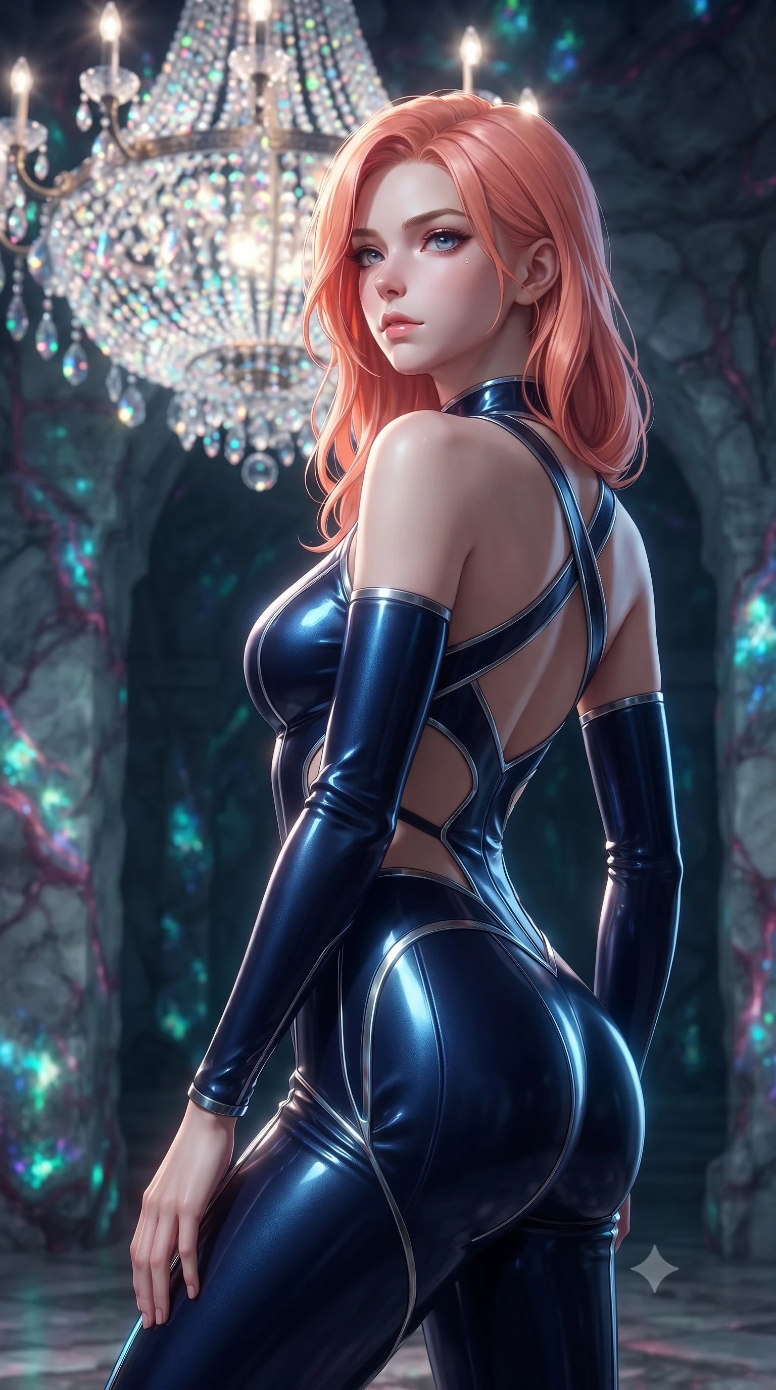 score_9, masterpiece, best quality, ultra-detailed, high-budget anime keyframe, editorial fashion photography, tasteful artistic composition, Japanese woman. close-up cowboy shot from the waist and thighs up, the character dominates the composition, filling the frame with her large presence, background elements kept in soft focus. Gazing past the camera with an air of effortless elegance and mysterious confidence poised beneath a giant crystal chandelier refracting subterranean sunlight, bioluminescent opal veins pulsing softly in the surrounding stone walls. She has an exceptionally elegant, slender, and willowy female figure with an ultra-slim waist, a gracefully sculpted slender torso, and a refined silhouette. sharp v-shaped jawline, high-bridge nose, intricate jewel-like eyes with depth, thick eyelashes, glossy lips with a natural sheen. wearing a skin-tight cybernetic bodysuit with glowing neon seams and side cutouts in midnight navy blue and chrome trim, made of premium stretch velvet with a rich sheen, complemented by criss-cross back straps highlighting her bare shoulders, the sleek second-skin texture accentuating her magnetic presence. surrounded by a cool jewel-toned luminescence with bright specular rim lights. ultra-reflective glossy finish, specular highlights, metallic sheen, high-contrast stereoscopic depth, volumetric dynamic lighting, 2k, ultra detail, master piece, 9:16 ratio