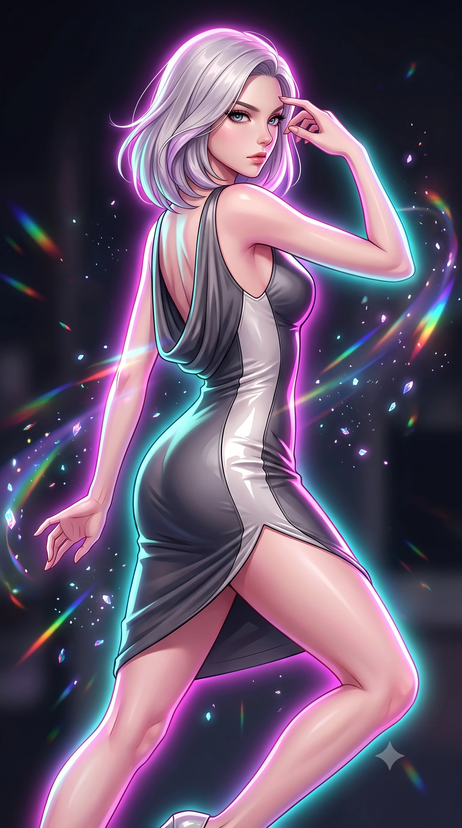 score_9, masterpiece, best quality, ultra-detailed, high-budget anime keyframe, editorial fashion photography, tasteful artistic composition, Caucasian woman. close-up cowboy shot from the waist and thighs up, the character dominates the composition, filling the frame with her large presence, background elements kept in soft focus. Resting her fingers gracefully near her temple, casting a sharp mysterious side-gaze during her stride while pivoting gracefully mid-air as multi-color light refraction trails follow her movement, glowing crystalline dust motes sparkling dynamically in the surrounding dark space. She has an exceptionally elegant, slender, and willowy female figure with an ultra-slim waist, a gracefully sculpted slender torso, and a refined silhouette. sharp v-shaped jawline, high-bridge nose, intricate jewel-like eyes with depth, thick eyelashes, glossy lips with a natural sheen, flawlessly proportioned anatomical accuracy, natural body alignment, perfectly sculpted elegant limbs, clean dynamic posture without body distortion. wearing a precision-fitted liquid jersey bodycon dress with a graceful draped back in charcoal grey and platinum, tailored from high-gloss patent leather, accented with a Tasteful chest slit framing her clavicle gracefully, the sleek second-skin texture accentuating her magnetic presence. surrounded by a radiant aura of neon magenta and turquoise fluid highlights. highly saturated vibrant anime colors, detailed shading with soft gradients, rich glossy textures, high-contrast stereoscopic depth, volumetric dynamic lighting, master piece, 9:16 ratio