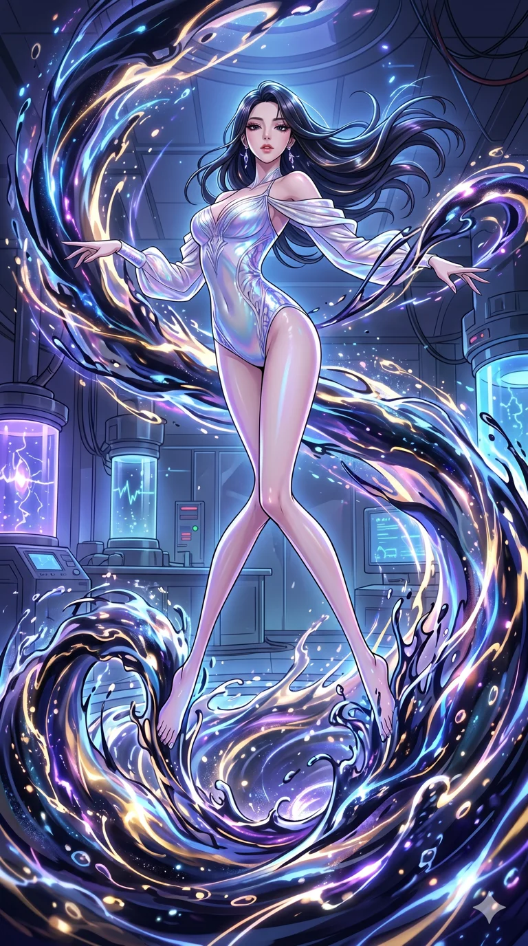 score_9, masterpiece, best quality, ultra-detailed, High-budget Anime Keyframe, vibrant colors, fluid line-art, expressive lighting, cinematic composition, Ufotable-style visual effects, top-tier animation quality, Korean woman with idol-like refined features. Dynamic full-body shot stretching the vertical silhouette, capturing her from a powerful low-angle perspective. Gracefully weaving through a sea of swirling ink waves that pulse with rhythmic energy. She has an absolutely perfect 8-heads proportion, an exceptionally tall and slender female figure with impossibly long slender legs and an ultra-slim waist, her statuesque height and towering silhouette dominating the vertical 9:16 frame. Her face is a masterpiece featuring a sharp v-shaped jawline, high-bridge nose, intricate jewel-like eyes with depth, thick eyelashes, and glossy lips with a natural sheen. She is wearing a Liquid pearl fabric bodysuit that shimmers with an iridescent sheen, with elegant off-shoulder sleeves. The scene is set in a futuristic vibration lab filled with glowing resonators and liquid displays. 2k, ultra detail, master piece, 9:16 ratio