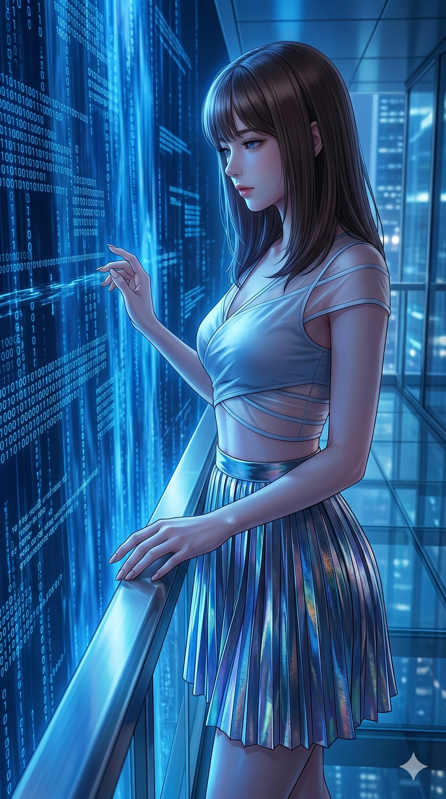 score_9, masterpiece, best quality, ultra-detailed, high-budget anime keyframe, editorial fashion photography, tasteful artistic composition, Korean woman. Upper body close-up from the thighs up, character filling the screen for maximum presence. Standing on a glass balcony overlooking a digital waterfall, looking at the falling data streams with a serene, dreamy look. She is wearing a cropped wrap top with sheer panels, paired with a high-waisted metallic skirt. The scene is illuminated by the vibrant blue glow of the data streams. 2k, ultra detail, master piece, 9:16 ratio