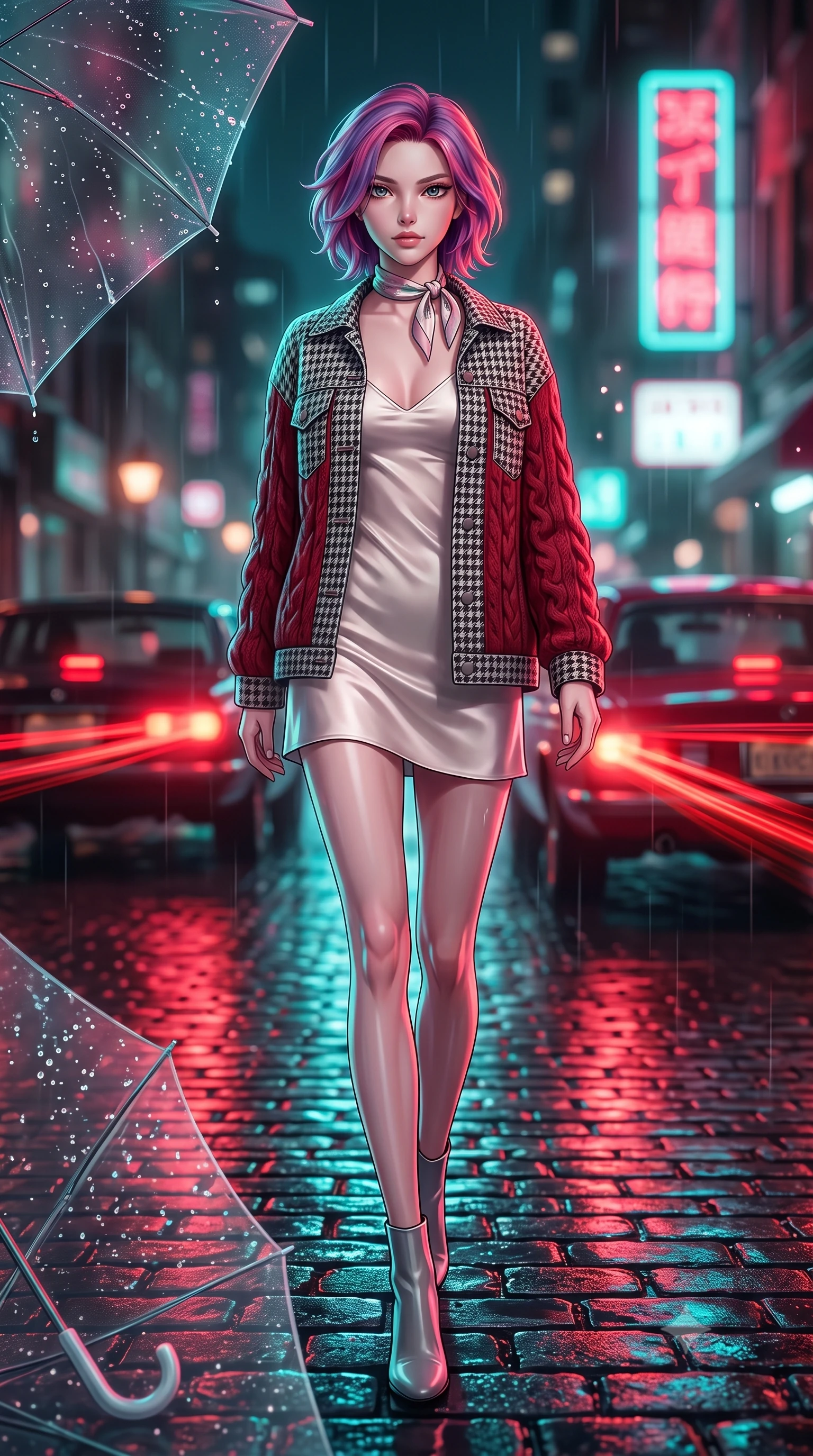 score_9, masterpiece, best quality, ultra-detailed, high-budget anime keyframe, semi-realistic 3D game render, editorial fashion photography, tasteful artistic composition, Caucasian woman. low angle full-body shot from head to toe showing her feet, filling the entire 9:16 vertical frame with her statuesque presence, stretching her vertical silhouette. stepping forward gracefully in mid-motion, displaying her toned flat midriff and flawlessly sculpted slender limbs while walking dynamically down the wet cobblestone street as red taillights of vintage cars leave cinematic light streaks. The composition keeps background elements in soft focus with creamy bokeh. splattering raindrops on umbrella plastic and neon glare scattering soft nostalgic light motes. She has an absolutely perfect, statuesque 8.5-heads proportion, an exceptionally tall and slender model-like female figure with impossibly long slender legs, a toned flat midriff, and an ultra-slim waist. sharp v-shaped jawline, high-bridge nose, intricate jewel-like eyes with depth, thick eyelashes, glossy lips with a natural sheen, captivating and magnetic expression, flawlessly proportioned anatomical accuracy, strict slender model proportions, natural body alignment, perfectly sculpted long slender limbs, ultra-slim waistline, clean dynamic posture without body distortion. wearing a romantic 90s silk satin slip dress layered under an unbuttoned vintage oversized denim jacket in classic monochrome houndstooth and cherry red, knitted from soft cozy lambswool yarn with cable-knit textures, complemented by a delicate silk scarf tied playfully around her neck, the breezy yet form-flattering drape swaying gracefully with her steps, accentuating her long willowy limbs and slim waistline. bathed in rich neon red and cyan streetlamp glow bouncing off wet asphalt surfaces. highly saturated vibrant anime colors, detailed shading with soft gradients, rich glossy textures, high-contrast stereoscopic depth, volumetric dynamic lighting, master piece, 9:16 ratio