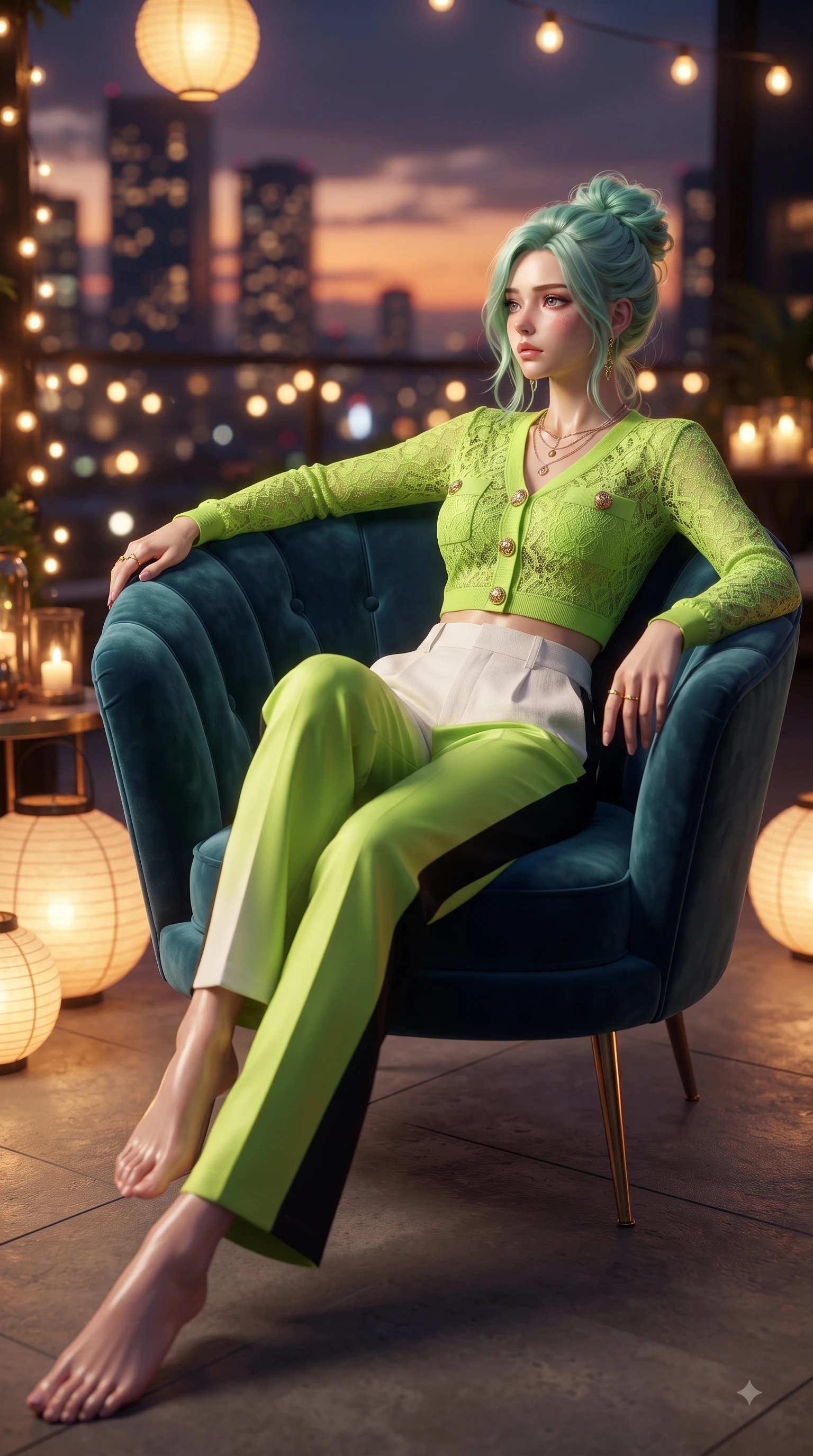 score_9, masterpiece, best quality, ultra-detailed, high-budget anime keyframe, editorial fashion photography, tasteful artistic composition, Japanese woman. low angle full-body shot from head to toe showing her feet, filling the entire 9:16 vertical frame with her statuesque presence, stretching her vertical silhouette. Wistful sorrowful gaze looking distant with a delicate melancholy and emotional depth in her eyes while lounging in a velvet designer chair under warm ambient outdoor lanterns. The composition keeps background elements in soft focus with dreamy bokeh. twinkling city tower lights and glowing sunset sky blurred into sparkling urban bokeh. She has an absolutely perfect, statuesque 8.5-heads proportion, an exceptionally tall and slender model-like female figure with impossibly long slender legs and an ultra-slim waist. sharp v-shaped jawline, high-bridge nose, intricate jewel-like eyes with depth, thick eyelashes, glossy lips with a natural sheen, flawlessly proportioned anatomical accuracy, natural body alignment, perfectly sculpted elegant limbs, clean dynamic posture without body distortion. wearing a bright lime green cropped cardigan paired with high-waist white linen trousers in bright lime green and sleek jet black, made of fine lace weave and soft satin jersey, finished with gold metallic hardware buttons along the front, the fluid drape swaying gracefully with her dynamic editorial movement. surrounded by an opulent, glamorous, and high-fashion nightlife editorial aura. ultra-reflective glossy finish, specular highlights, metallic sheen, high-contrast stereoscopic depth, volumetric dynamic lighting, 2k, ultra detail, master piece, 9:16 ratio
