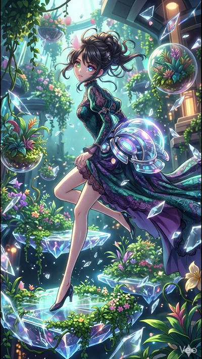 An 8-second ethereal scene where the girl stands amidst floating glass fragments in a lush, sun-drenched conservatory. The camera slowly zooms in on her face, highlighting her glowing rainbow eyes. Around her, crystal shards and flower petals drift l