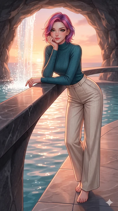 score_9, masterpiece, best quality, ultra-detailed, high-budget anime keyframe, editorial fashion photography, tasteful artistic composition, Caucasian woman, strictly human ears. low angle full-body shot from head to toe showing her feet, filling th
