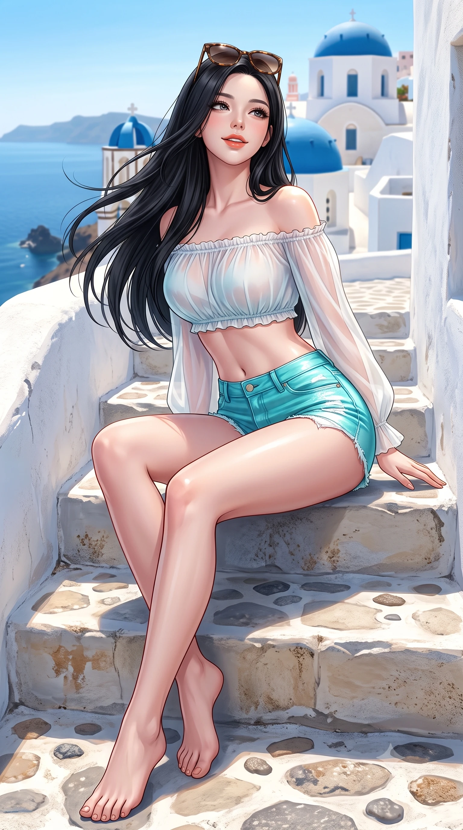 score_9, masterpiece, best quality, ultra-detailed, high-budget anime keyframe, semi-realistic 3D game render, editorial fashion photography, tasteful artistic composition, Korean woman. low angle full-body shot from head to toe showing her feet, filling the entire 9:16 vertical frame with her statuesque presence, stretching her vertical silhouette. sitting poised on the stone steps with one knee bent, arching her spine with supermodel elegance as she glances upward through thick eyelashes while twisting her slender torso in an alluring contrapposto stance, fresh island breezes molding her form-fitting outfit to her curvy hips. The surrounding environment is rendered in vivid detail and crisp panoramic clarity: detailed plunging zip rashguard cling, glossy lip sheen, and classic Cycladic architecture in razor-sharp precision. She has an absolutely perfect, statuesque 8.5-heads proportion, an exceptionally tall and slender model-like female figure with impossibly long slender legs, an ultra-slim waist, a flat toned midriff, narrow delicate ribcage, and beautifully sculpted feminine hips creating a graceful, slim hourglass silhouette without any bulky heaviness. sharp v-shaped jawline, high-bridge nose, sparkling eyes with hypnotic seductive depth, thick curled eyelashes, glossy parted lips with a natural dewy peach sheen, alluring bedroom-eyes with an enchanting coquettish smile, exuding magnetic siren charisma and sophisticated glamour, flawlessly proportioned anatomical accuracy, strict slender model proportions, natural body alignment, perfectly sculpted long slender limbs, ultra-slim waistline, clean dynamic posture without body distortion. wearing an off-the-shoulder sheer peasant crop blouse with elastic ruched neckline paired with tight distressed cutoff shorts in shimmering turquoise aqua and pure pearl alabaster, crafted from smooth liquid-tight stretch jersey emphasizing every curve of her body, complemented by oversized designer tortoiseshell sunglasses resting atop her head, the liquid-tight tailored fabric clinging flawlessly to her narrow waist and rounded feminine hips, emphasizing every millimeter of her sculpted slim hourglass curves without any bulky heaviness. bathed in brilliant Grecian afternoon sunlight bouncing off whitewashed stone surfaces. highly saturated vibrant anime colors, detailed shading with soft gradients, rich glossy textures, high-contrast stereoscopic depth, volumetric dynamic lighting, master piece, 9:16 ratio